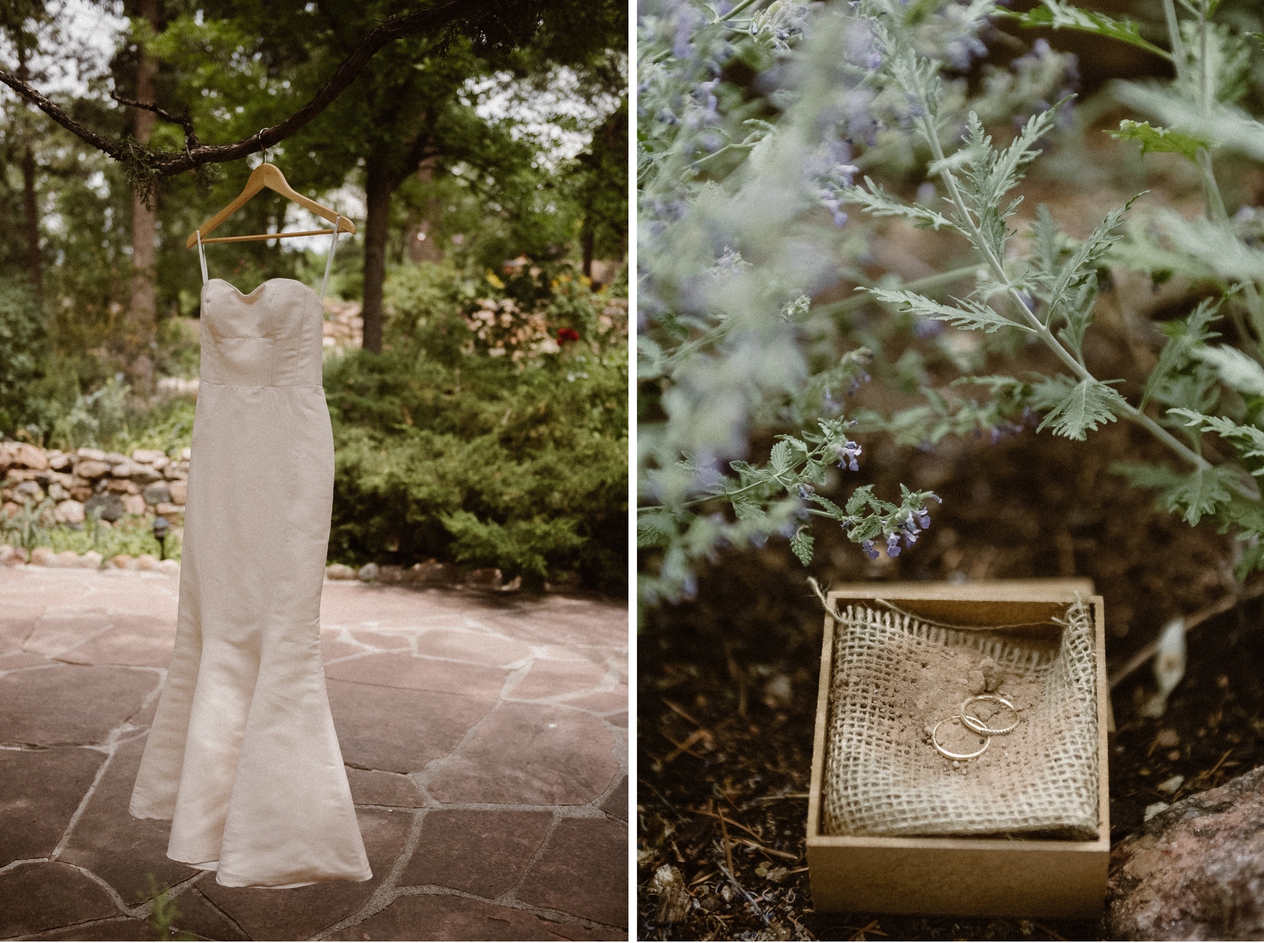 Elopement wedding dress and wedding rings | Wedding details at Inn of the Turquoise Bear in Santa Fe, New Mexico | Santa Fe lesbian elopement | Santa Fe elopement photographer | Santa Fe wedding | LGBTQ elopement | Photo by Denver Elopement Photographer Ashley Joyce Photography, copyright 2021