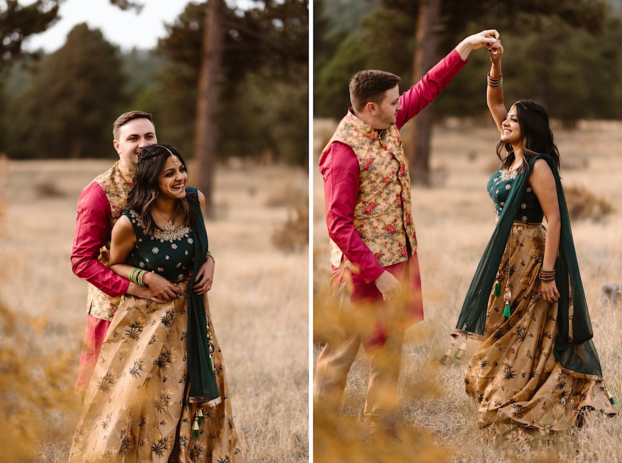 An Indian elopement couple stands in a field near Denver, Colorado as they dance together and snuggle up together. Photo by Denver elopement photographer, Colorado elopement photographer, Ashley Joyce Photography.
