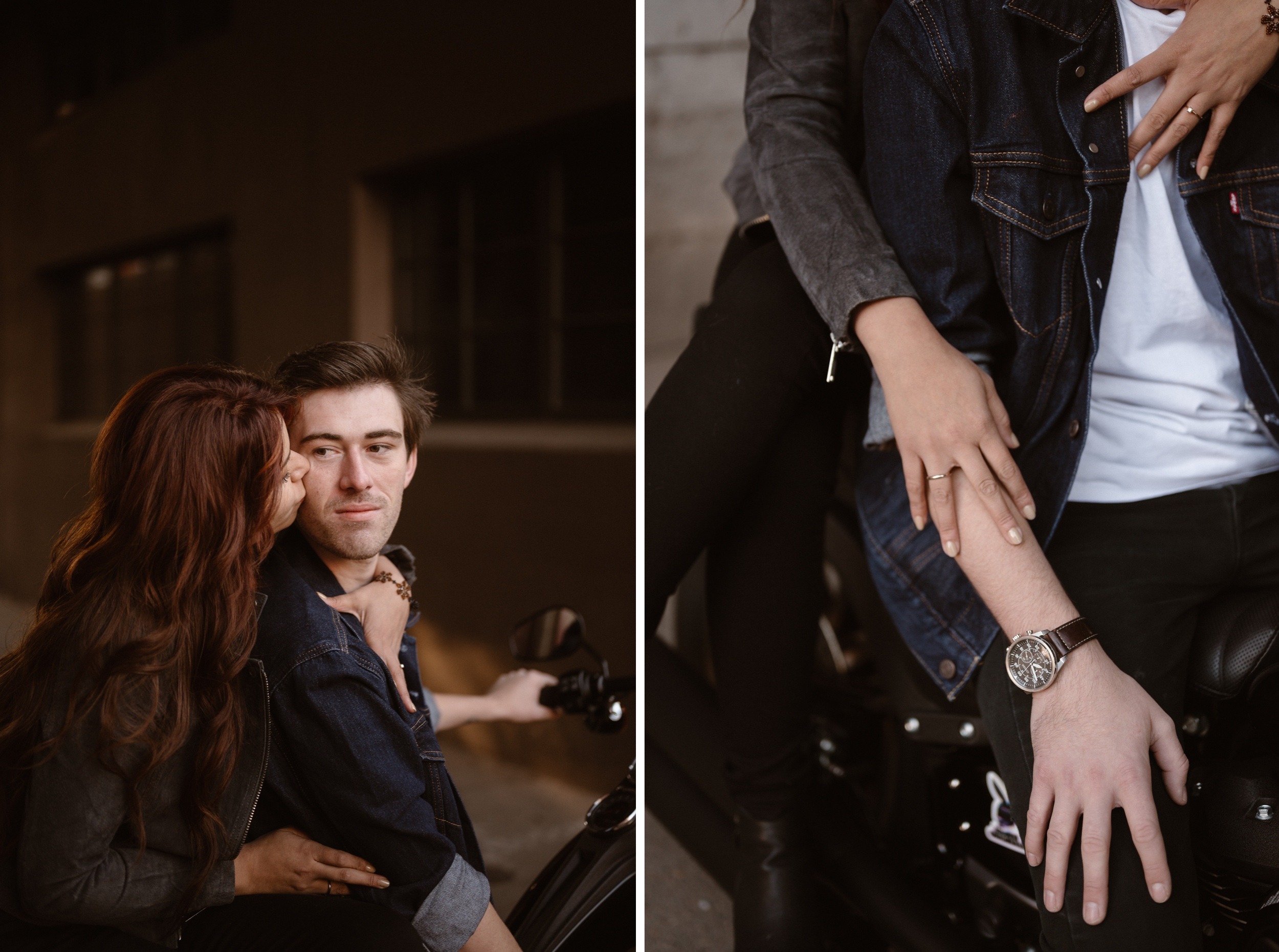 A Colorado engaged couple poses for their Downtown Denver Engagement session near Union Station. Photo by Denver elopement photographer, Ashley Joyce Photography, copyright 2022.