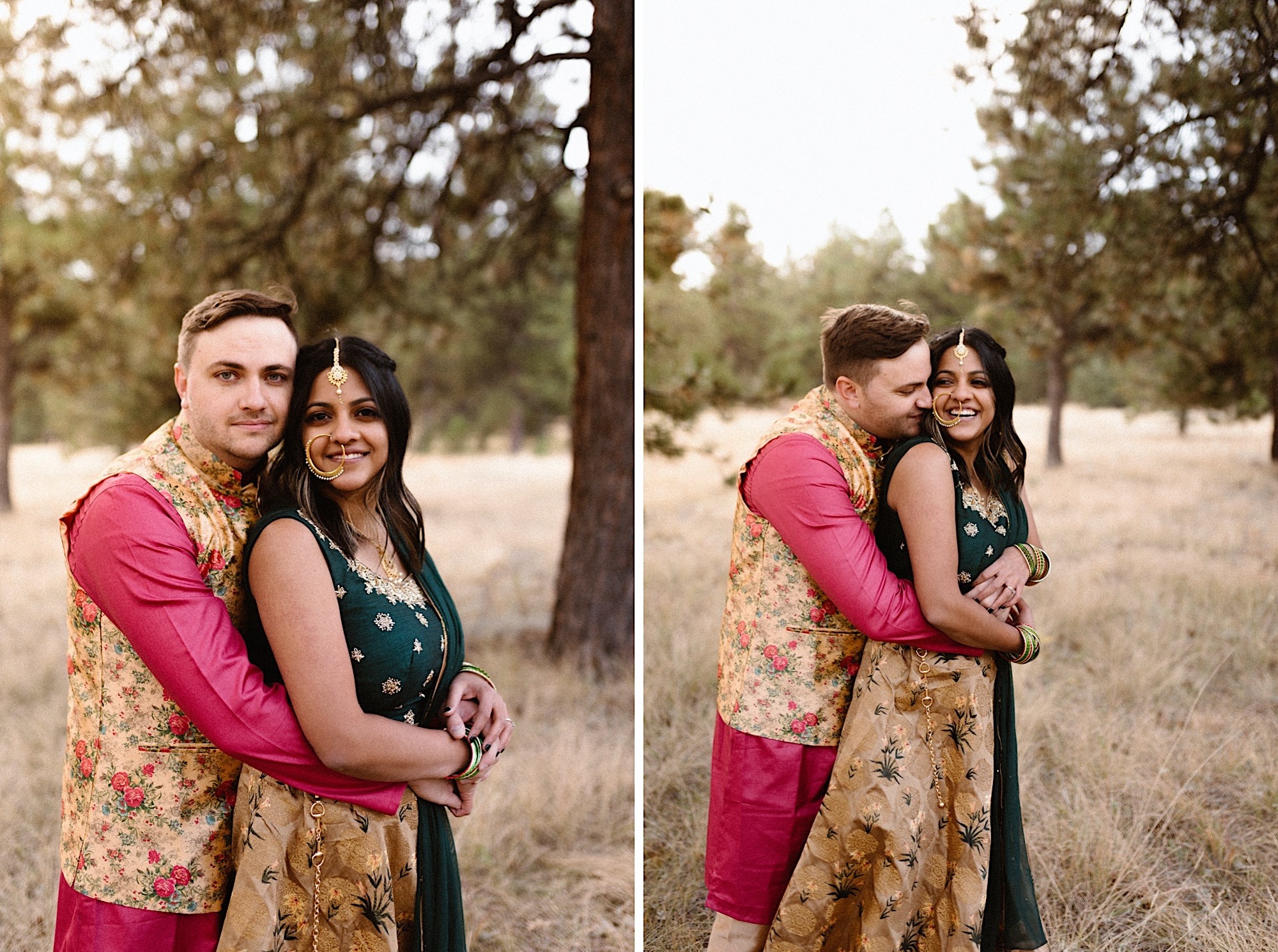 An Indian wedding couple stands in a field near Denver, Colorado as they snuggle up together. Photo by Denver elopement photographer, Colorado elopement photographer, Ashley Joyce Photography.