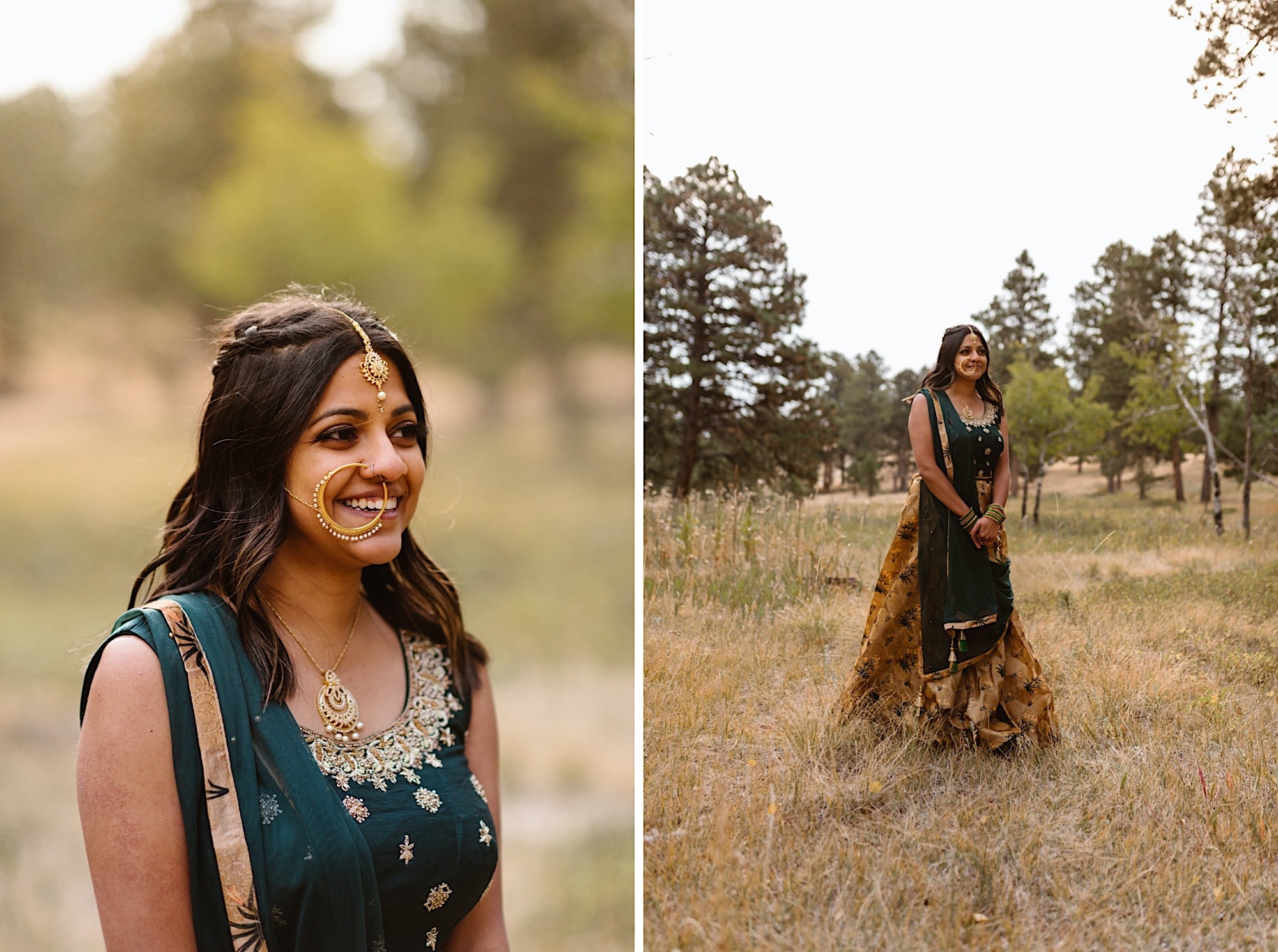 A Colorado Indian bride stands in her traditional Indian wedding attire for her elopement photos. This is a diptych image: the left image shows a closeup of the bride smiling and the right image shows the bride farther away looking down. Photo by Denver elopement photographer, Colorado elopement photographer, Ashley Joyce Photography.