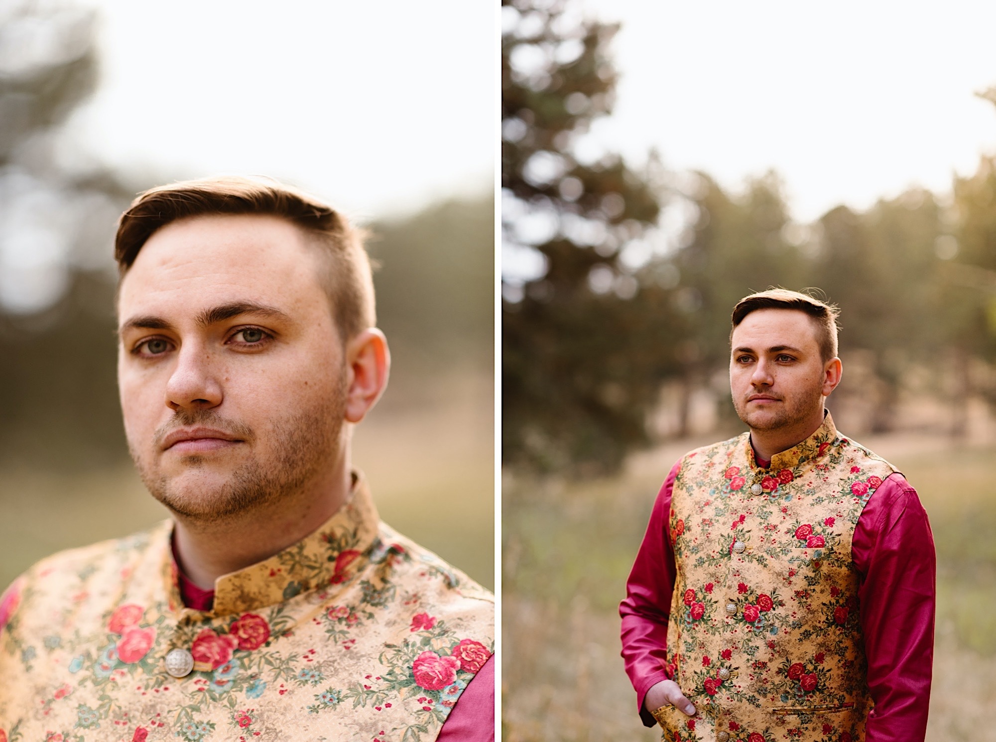 A Colorado Indian groom stands in his traditional Indian wedding attire for his elopement photos. This is a diptych image: the left image shows a closeup of the groom looking at the camera and the right image shows the groom farther away looking into the distance. Photo by Denver elopement photographer, Colorado elopement photographer, Ashley Joyce Photography.