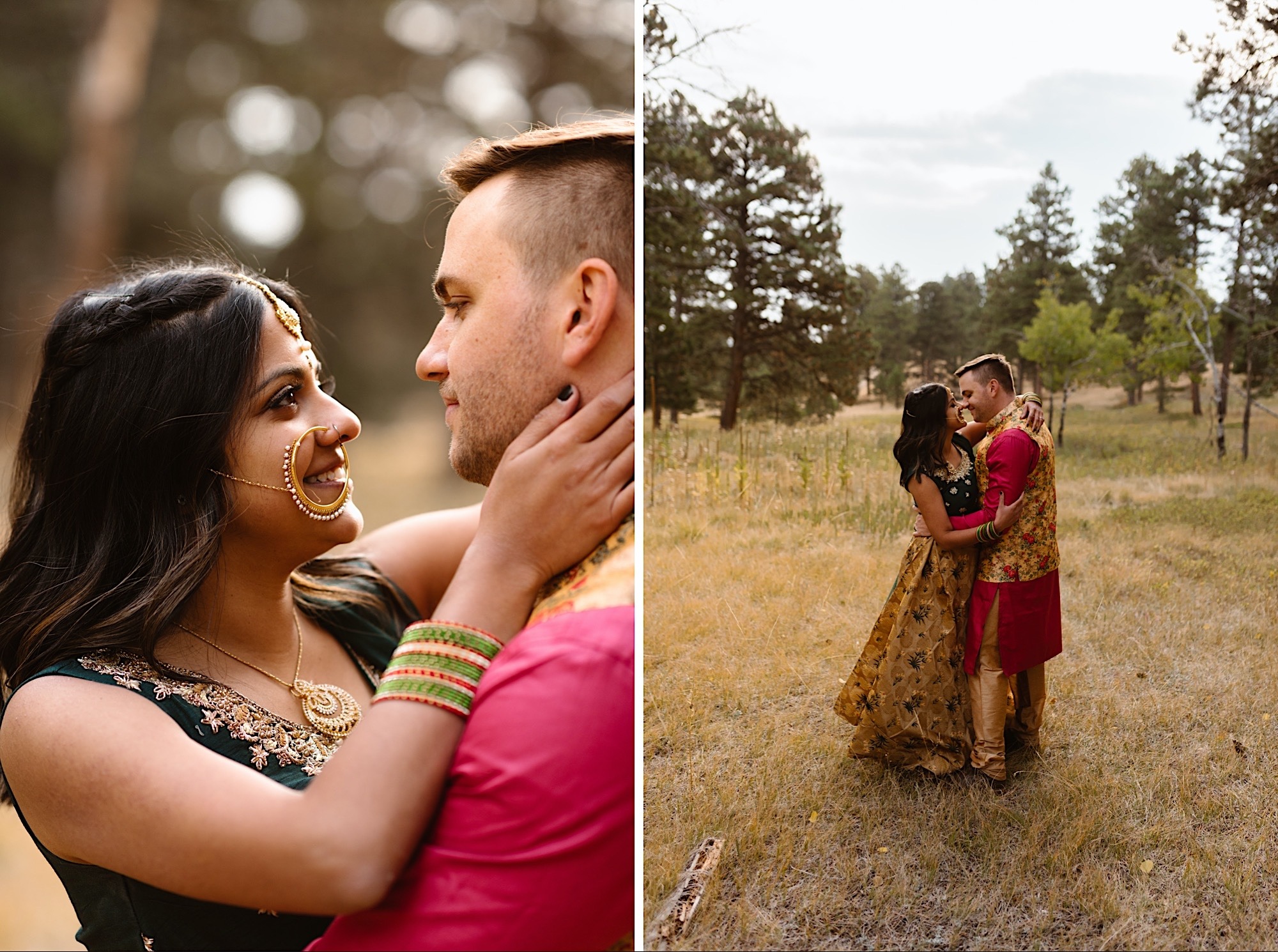A Colorado Indian wedding couple stands in a field of evergreen trees near Denver, Colorado. This is a diptych image: the left image shows a closeup of the Indian wedding couple looking as they look at each other and the right image shows the couple farther away as they embrace. Photo by Denver elopement photographer, Colorado elopement photographer, Ashley Joyce Photography.