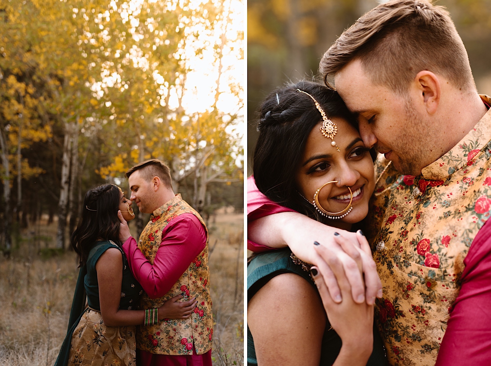 A Colorado Indian wedding couple stands in a field of aspen trees near Denver, Colorado. This is a diptych image: the left image shows an image of the Indian wedding couple looking as the from holds on to his bride’s face while they embrace and the right image shows a closeup image of the couple with the groom’s arm around his bride’s shoulder. Photo by Denver elopement photographer, Colorado elopement photographer, Ashley Joyce Photography.