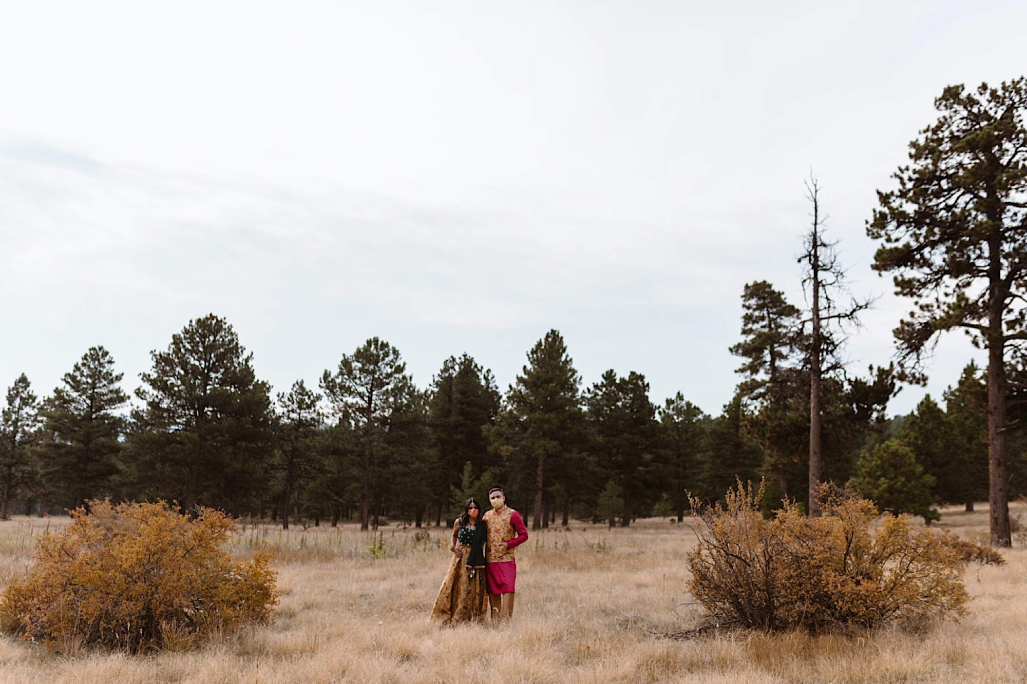 An Indian elopement couple stands in a field with mountains in the background as they stand side by side while holding hands with face masks covering their face. Photo by Denver elopement photographer, Colorado elopement photographer, Ashley Joyce Photography.