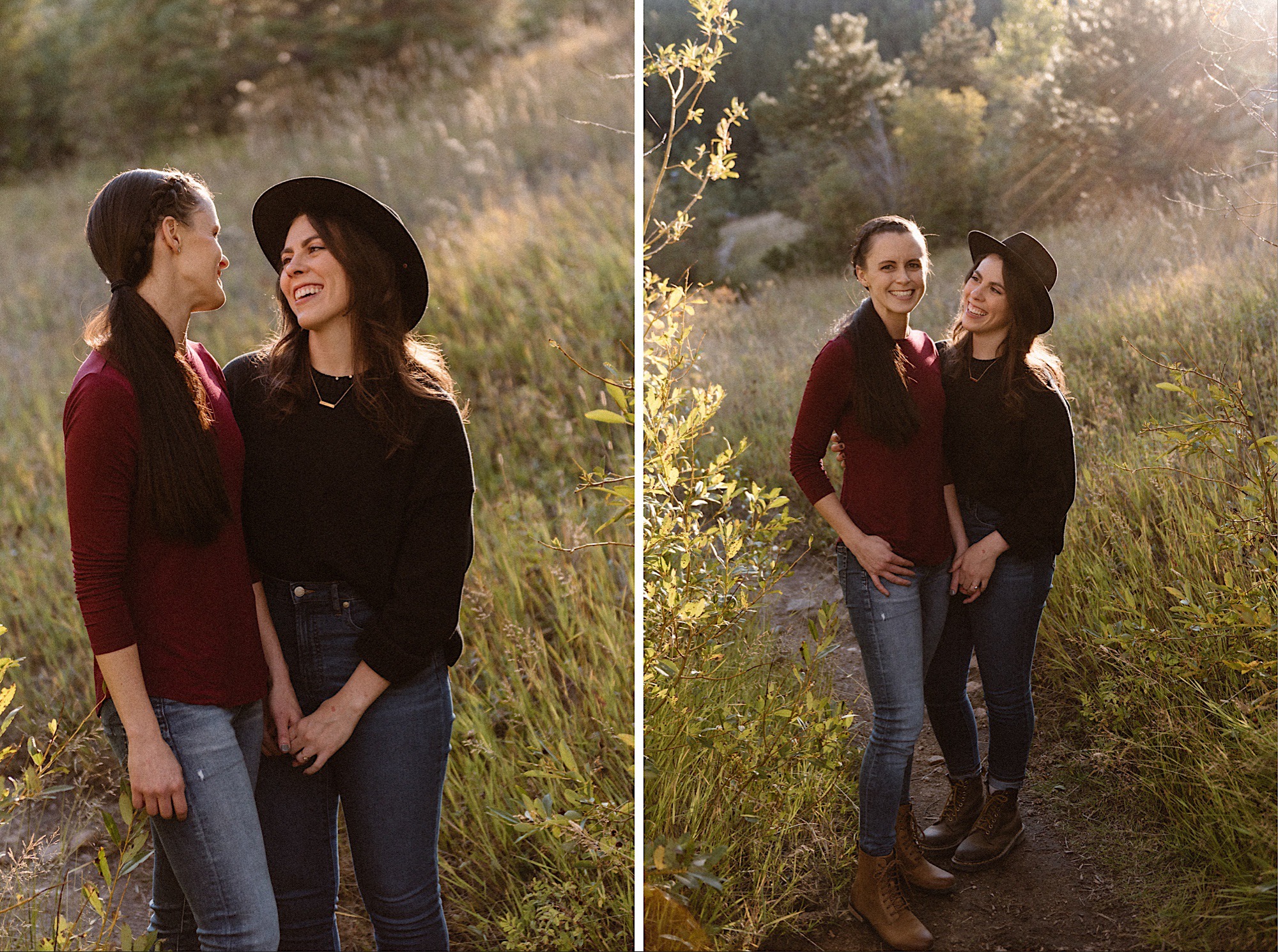 A lesbian engagement couple walks on the forest trail at Golden Gate Canyon State Park for their Colorado engagement photos. Photo by Colorado elopement photographer, Denver elopement photographer, Ashley Joyce Photography.