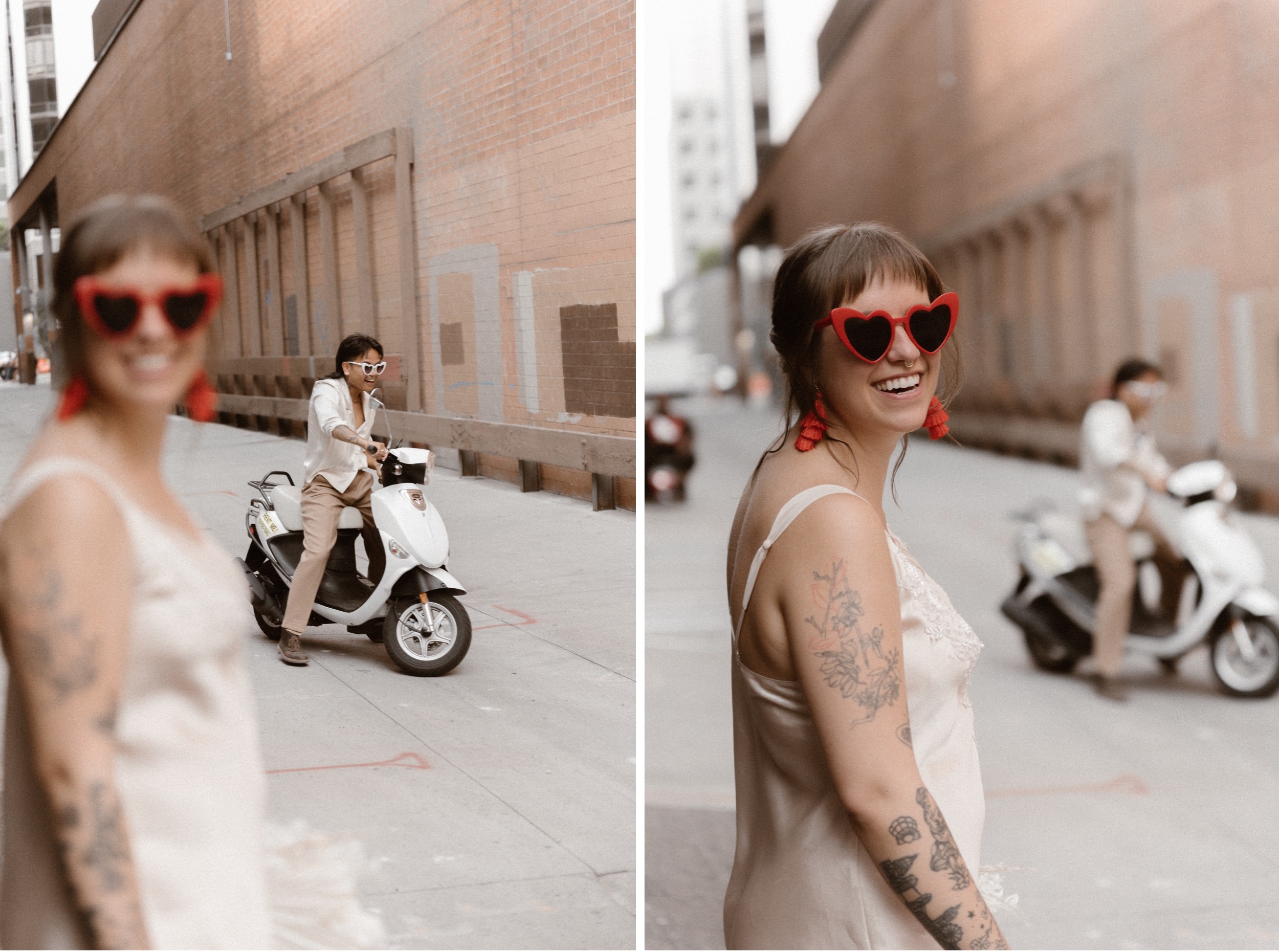 A romantic Italian-inspired downtown Denver elopement, complete with vintage outfits and an Italian scooter. Set in Larimer Square in downtown Denver. Photo by Denver elopement photographer, Ashley Joyce Photography, copyright 2022.