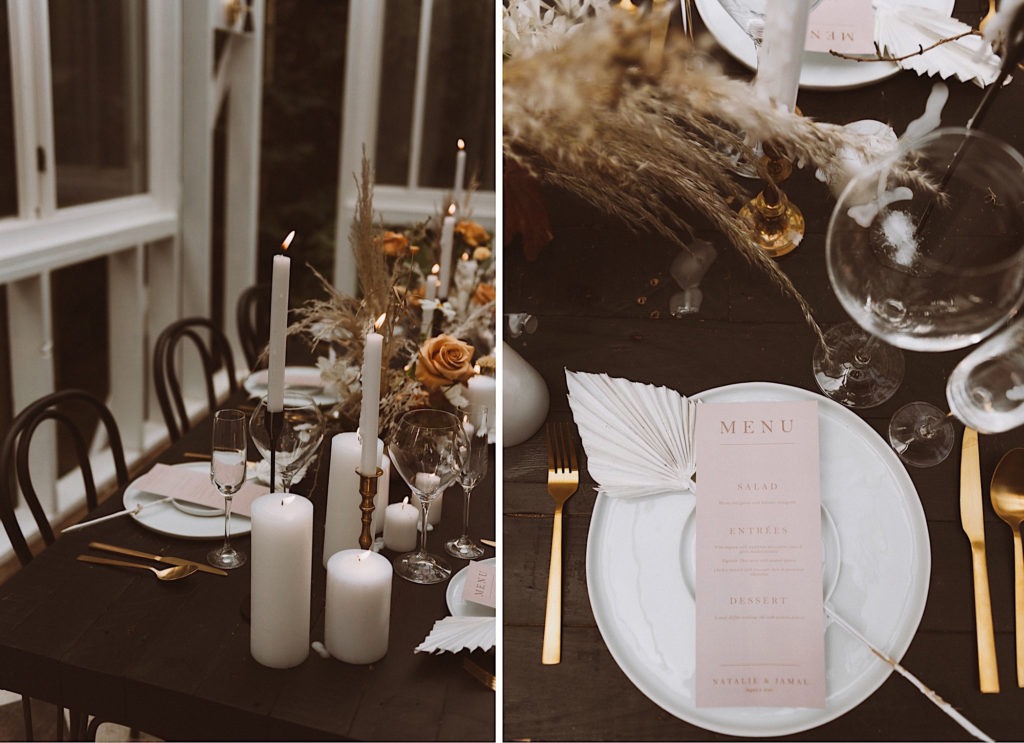 Elopement reception menu design | Menu design | Elopement menu | Ceremony details at Treehaus Colorado | Reception details at Treehaus Colorado | Elopement at Treehaus, Colorado | Treehaus Colorado | Colorado elopement | Treehaus elopement | Colorado elopement venue | Colorado mountain elopement venue | Unique elopement venue | Elopement venue in Colorado | Ashley Joyce Photography 2020