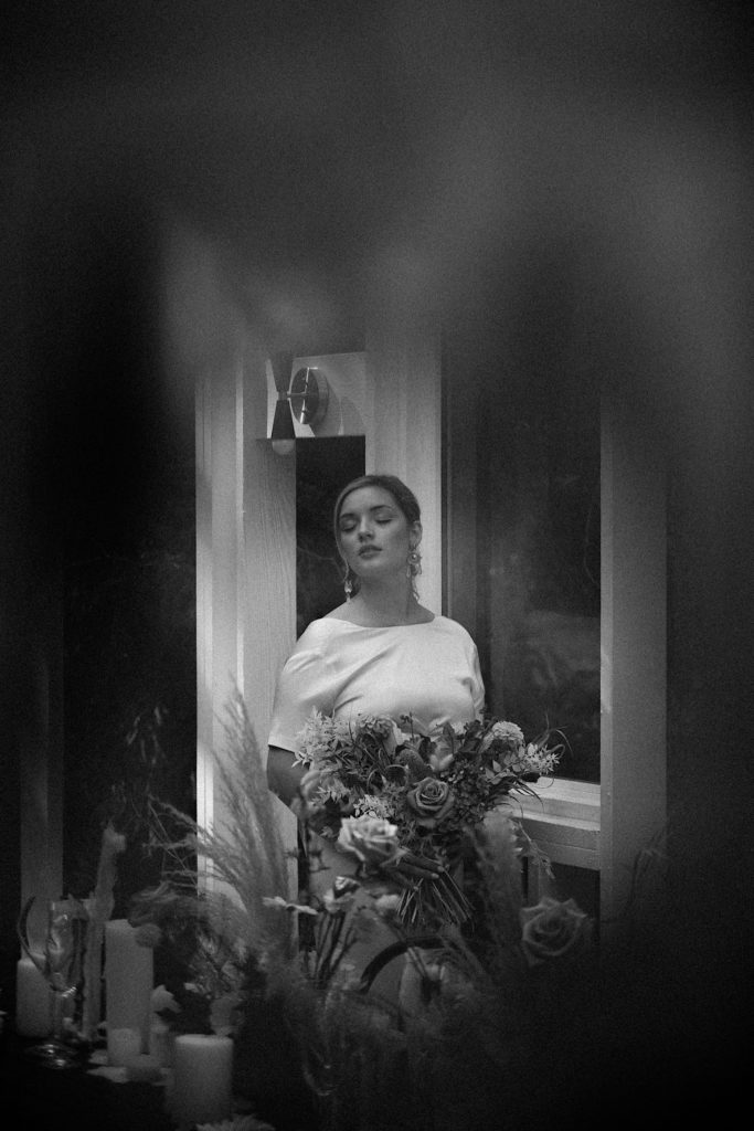 Bridal portrait in black and white | Wedding portraits | Elopement portraits | Bride and groom elopement photos | Elopement wedding photos in Colorado | Colorado wedding photos | Colorado elopement photos | Elopement at Treehaus, Colorado | Treehaus Colorado | Colorado elopement | Treehaus elopement | Colorado elopement venue | Colorado mountain elopement venue | Unique elopement venue | Elopement venue in Colorado | Ashley Joyce Photography 2020