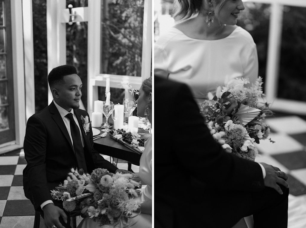 Black and white wedding photos | Bridal portrait in black and white | Wedding portraits | Elopement portraits | Bride and groom elopement photos | Elopement wedding photos in Colorado | Colorado wedding photos | Colorado elopement photos | Elopement at Treehaus, Colorado | Treehaus Colorado | Colorado elopement | Treehaus elopement | Colorado elopement venue | Colorado mountain elopement venue | Unique elopement venue | Elopement venue in Colorado | Ashley Joyce Photography 2020