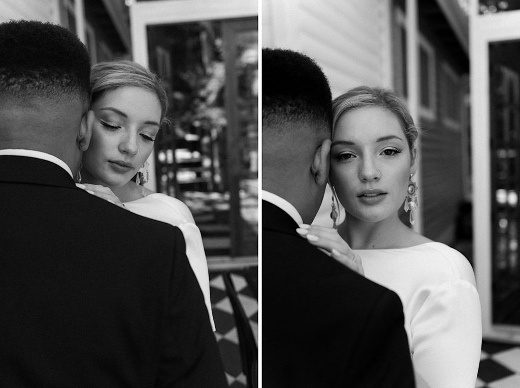 Black and white wedding photos at Treehaus CO | Wedding portraits | Elopement portraits | Bride and groom elopement photos | Elopement wedding photos in Colorado | Colorado wedding photos | Colorado elopement photos | Elopement at Treehaus, Colorado | Treehaus Colorado | Colorado elopement | Treehaus elopement | Colorado elopement venue | Colorado mountain elopement venue | Unique elopement venue | Elopement venue in Colorado | Ashley Joyce Photography 2020