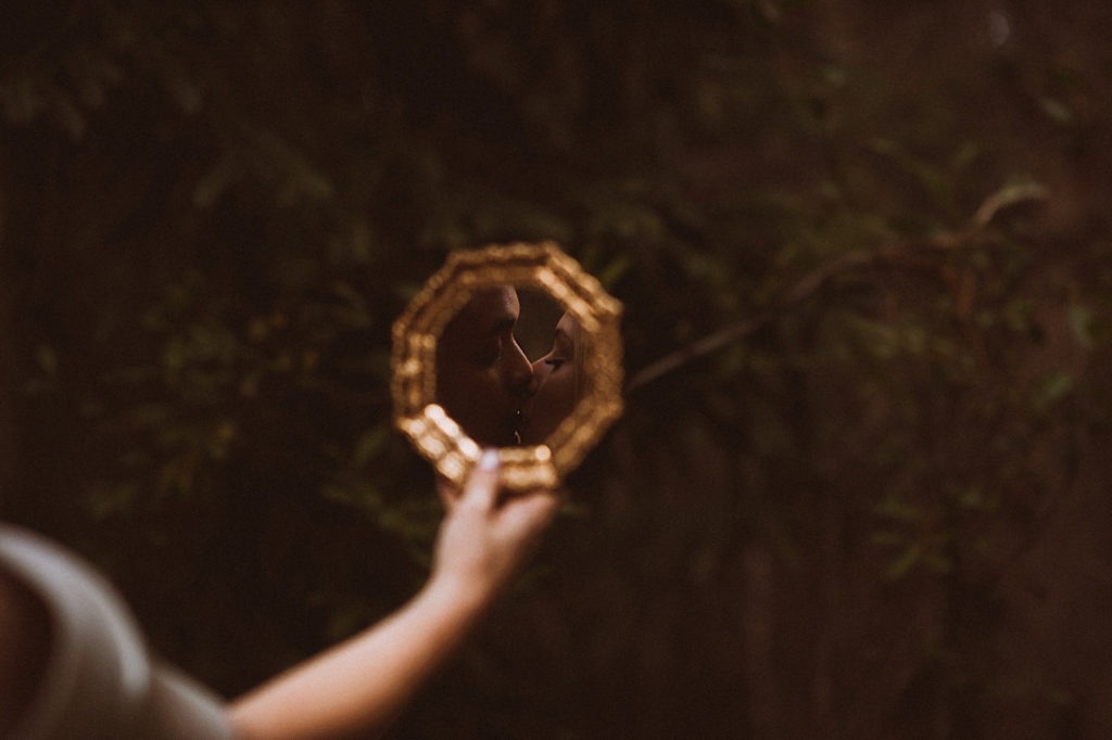 Reflection of bride and groom in mirror | Wedding portraits | Elopement portraits | Bride and groom elopement photos | Elopement wedding photos in Colorado | Colorado wedding photos | Colorado elopement photos | Elopement at Treehaus, Colorado | Treehaus Colorado | Colorado elopement | Treehaus elopement | Colorado elopement venue | Colorado mountain elopement venue | Unique elopement venue | Elopement venue in Colorado | Ashley Joyce Photography 2020