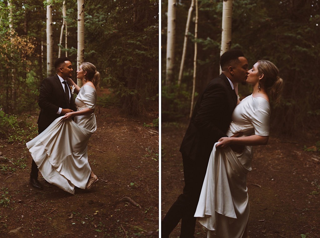Bride and groom dancing in the woods in Colorado | Wedding portraits | Elopement portraits | Bride and groom elopement photos | Elopement wedding photos in Colorado | Colorado wedding photos | Colorado elopement photos | Elopement at Treehaus, Colorado | Treehaus Colorado | Colorado elopement | Treehaus elopement | Colorado elopement venue | Colorado mountain elopement venue | Unique elopement venue | Elopement venue in Colorado | Ashley Joyce Photography 2020