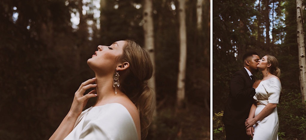 Bride and groom snuggling in the woods | Wedding portraits | Elopement portraits | Bride and groom elopement photos | Elopement wedding photos in Colorado | Colorado wedding photos | Colorado elopement photos | Elopement at Treehaus, Colorado | Treehaus Colorado | Colorado elopement | Treehaus elopement | Colorado elopement venue | Colorado mountain elopement venue | Unique elopement venue | Elopement venue in Colorado | Ashley Joyce Photography 2020