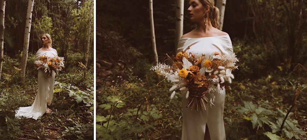 Bride standing in the woods of Colorado at Treehaus Colorado | Bride holding wedding bouquet | Wedding portraits | Elopement portraits | Bride and groom elopement photos | Elopement wedding photos in Colorado | Colorado wedding photos | Colorado elopement photos | Elopement at Treehaus, Colorado | Treehaus Colorado | Colorado elopement | Treehaus elopement | Colorado elopement venue | Colorado mountain elopement venue | Unique elopement venue | Elopement venue in Colorado | Ashley Joyce Photography 2020