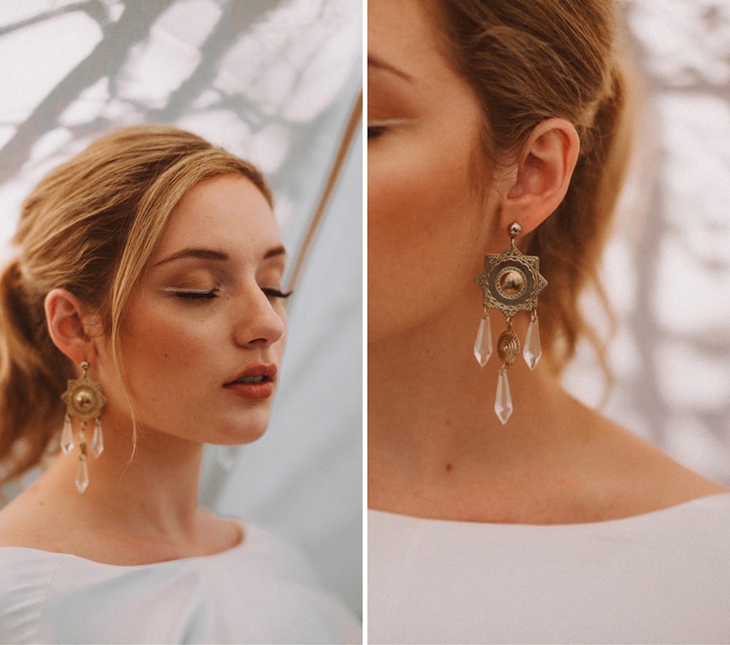 Bridal hair details | Bridal jewelry details | Bride showing crystal earrings | Bridal portraits | Wedding portraits | Elopement portraits | Bride and groom elopement photos | Elopement wedding photos in Colorado | Colorado wedding photos | Colorado elopement photos | Elopement at Treehaus, Colorado | Treehaus Colorado | Colorado elopement | Treehaus elopement | Colorado elopement venue | Colorado mountain elopement venue | Unique elopement venue | Elopement venue in Colorado | Ashley Joyce Photography 2020