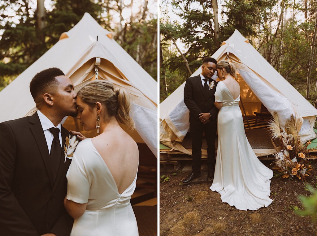 Close-up of bride and groom laughing together in front of wedding tent at Treehaus Colorado | Wedding portraits | Elopement portraits | Bride and groom elopement photos | Elopement wedding photos in Colorado | Colorado wedding photos | Colorado elopement photos | Elopement at Treehaus, Colorado | Treehaus Colorado | Colorado elopement | Treehaus elopement | Colorado elopement venue | Colorado mountain elopement venue | Unique elopement venue | Elopement venue in Colorado | Ashley Joyce Photography 2020