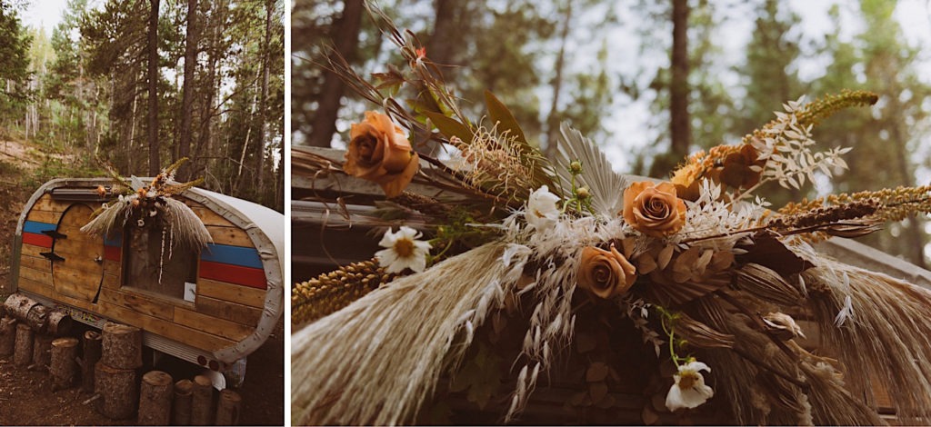 Teardrop trailer decorated with flowers at Treehaus Colorado | Wedding portraits | Elopement portraits | Bride and groom elopement photos | Elopement wedding photos in Colorado | Colorado wedding photos | Colorado elopement photos | Elopement at Treehaus, Colorado | Treehaus Colorado | Colorado elopement | Treehaus elopement | Colorado elopement venue | Colorado mountain elopement venue | Unique elopement venue | Elopement venue in Colorado | Ashley Joyce Photography 2020