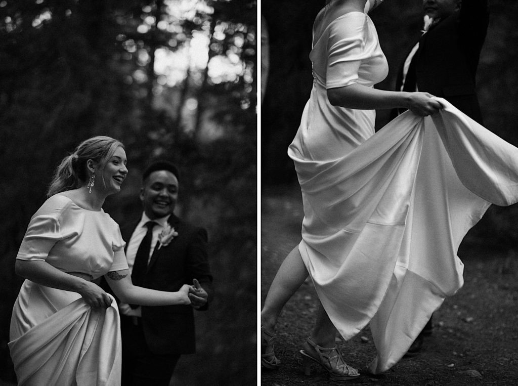 Black and white wedding photo of bride and groom dancing in slow motion in front of a teardrop trailer at Treehaus CO | Treehaus Colorado | Wedding portraits | Elopement portraits | Bride and groom elopement photos | Elopement wedding photos in Colorado | Colorado wedding photos | Colorado elopement photos | Elopement at Treehaus, Colorado | Treehaus Colorado | Colorado elopement | Treehaus elopement | Colorado elopement venue | Colorado mountain elopement venue | Unique elopement venue | Elopement venue in Colorado | Prea James Bridal | Prea James wedding dress | Lovely Bride Denver | Ashley Joyce Photography 2020