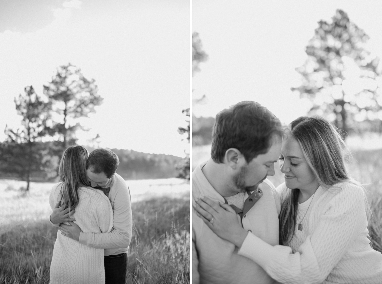 A black and white photo collage of two photos of an engaged couple embracing each other in Elk Meadow Park in Evergreen, Colorado for their Colorado engagement photos, taken by Colorado wedding photographer Ashley Joyce Photography.