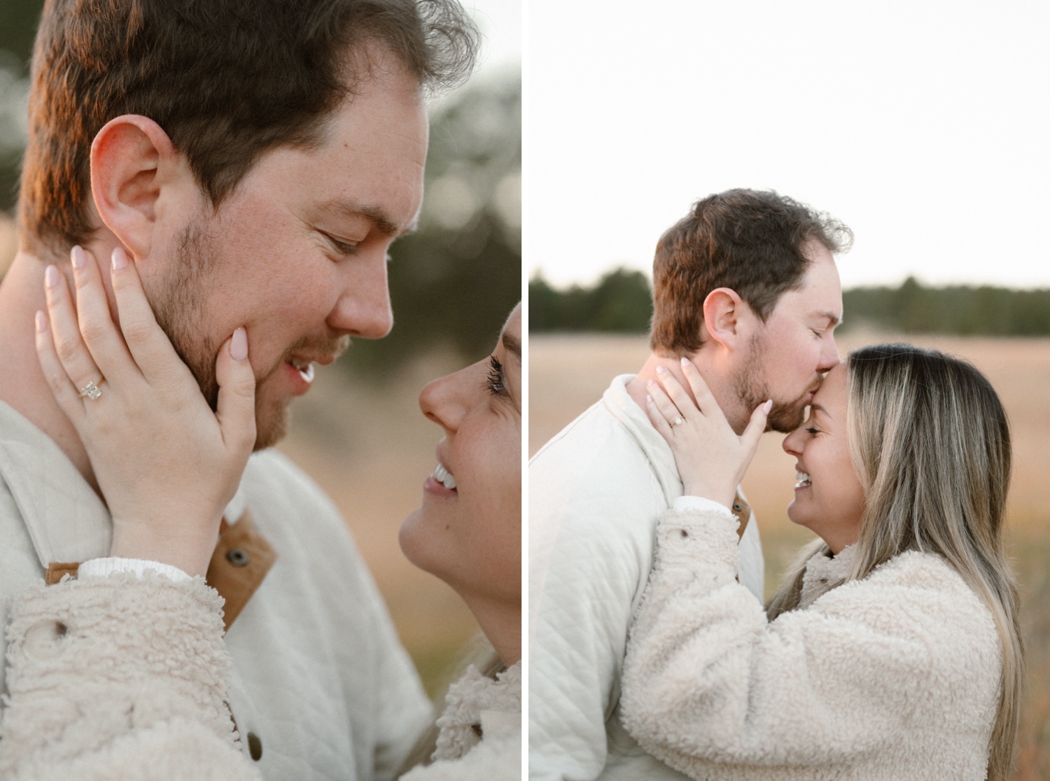 A collage of two photos of an engaged couple embracing each other in Elk Meadow Park in Evergreen, Colorado for their Colorado engagement photos, taken by Colorado wedding photographer Ashley Joyce Photography.