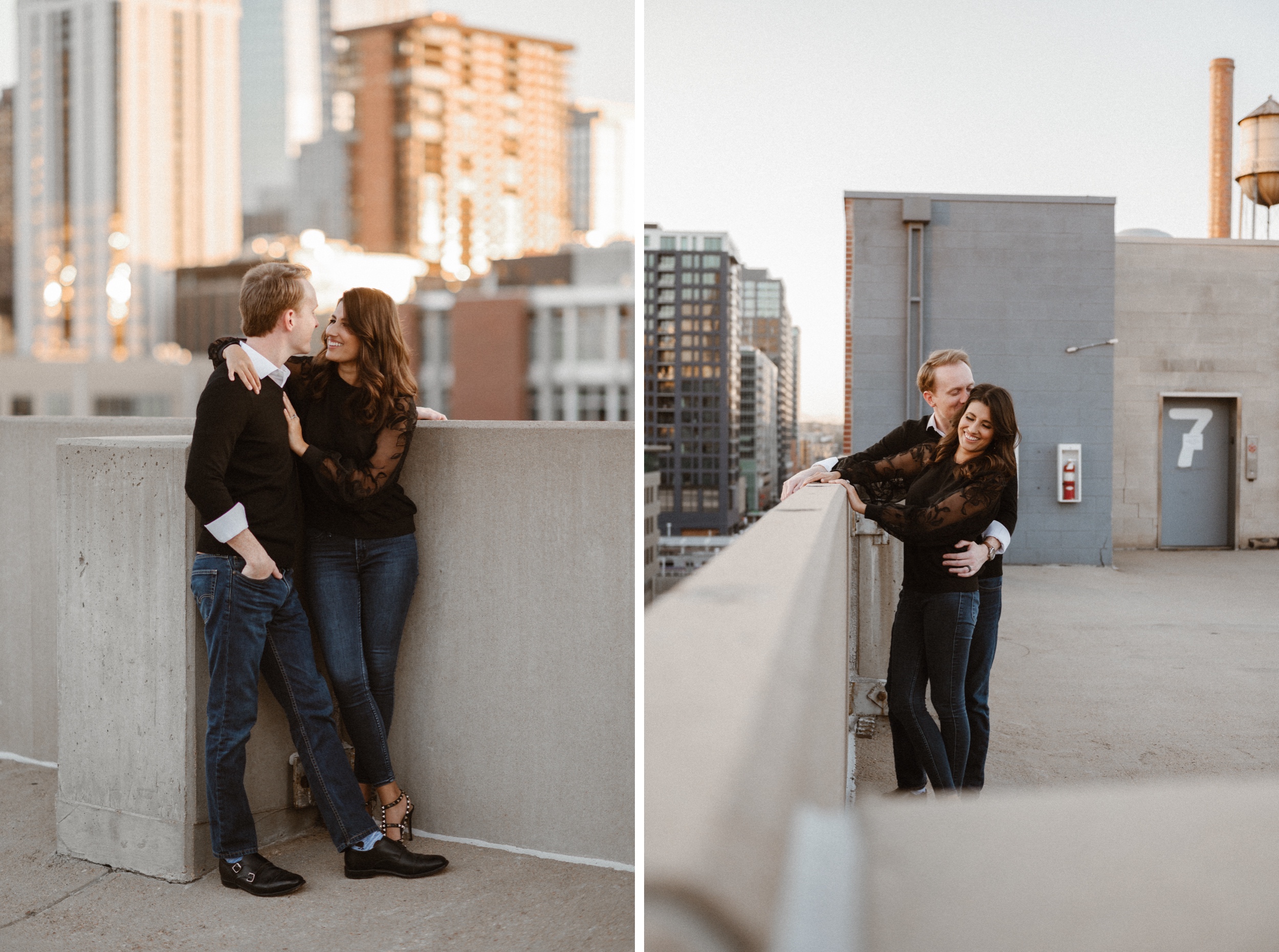 A romantic downtown Denver engagement session that took place on top of a parking garage, inside the elegant bar Poka Lola, and inside the historic Union Station. Photos by Colorado wedding photographer Ashley Joyce.