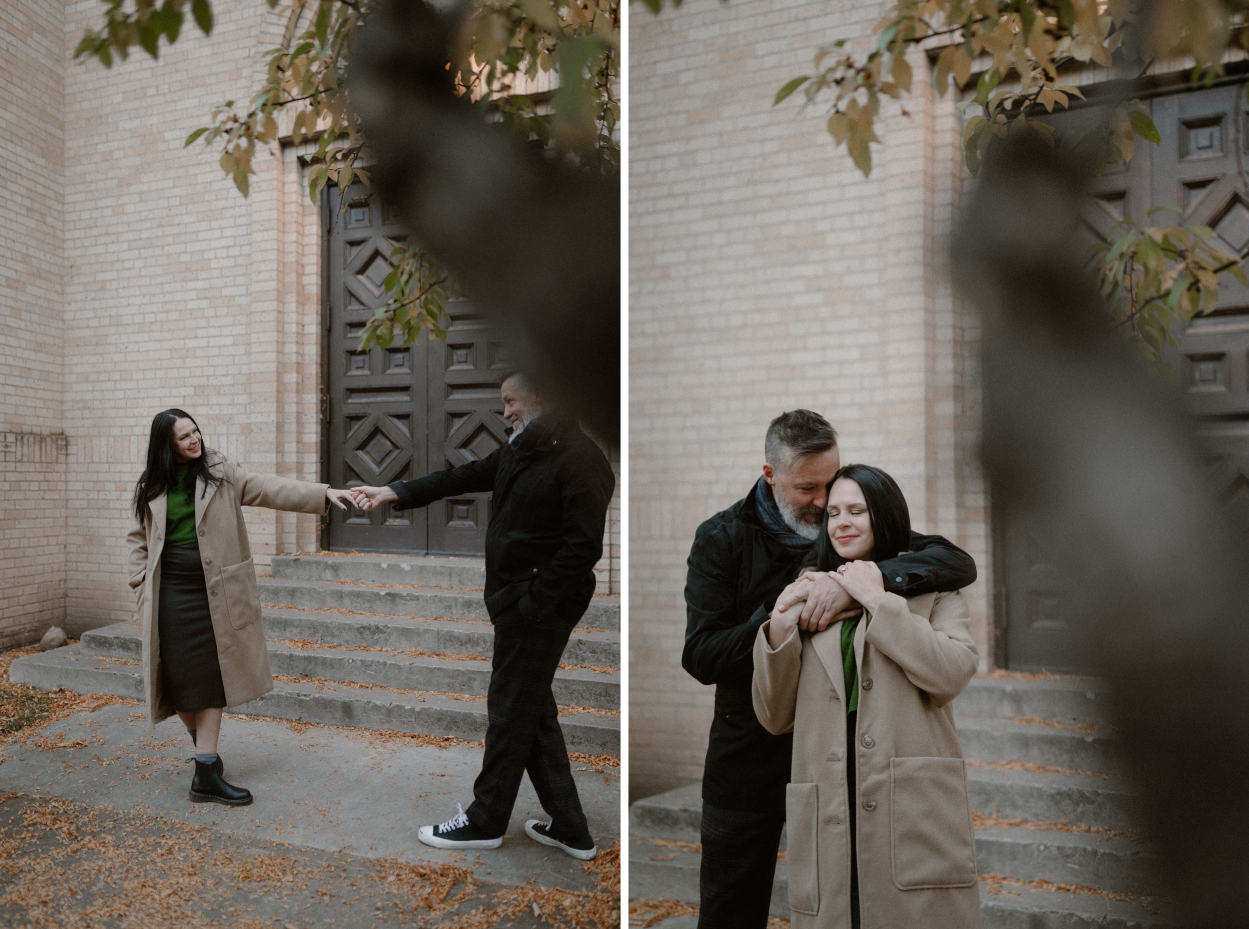 Two color photos side by side of a couple posing for their Durango engagement session in front of the Smiley Building in Downtown Durango, Colorado. Photo by Ashley Joyce.