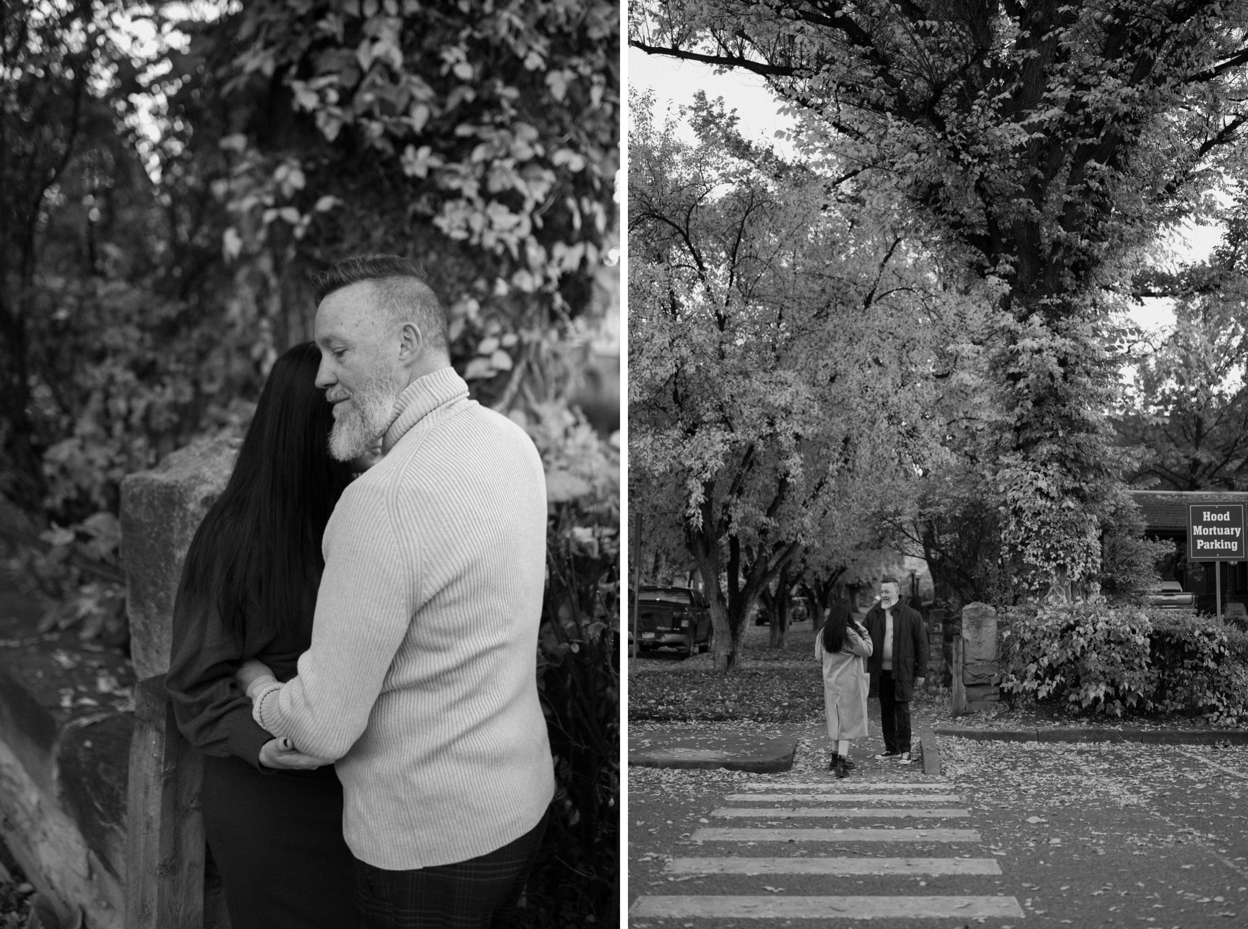 Two black and white photos side by side showing an engaged couple embracing each other for their Colorado engagement session in Durango, Colorado. Photo by Ashley Joyce