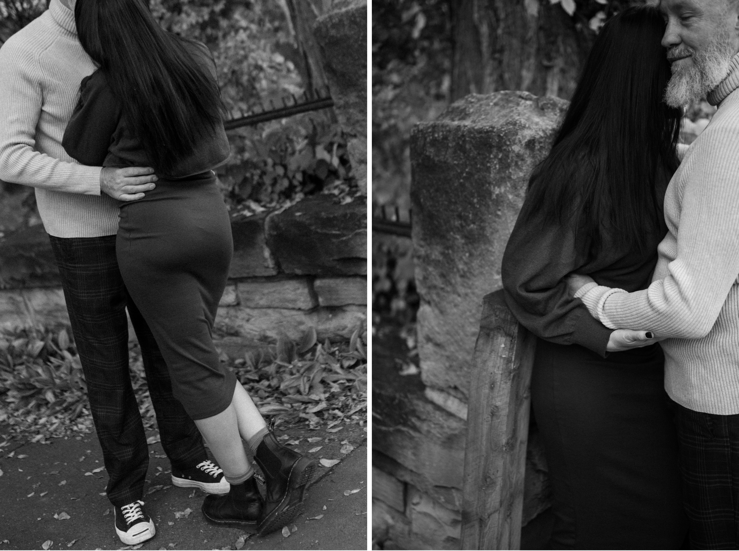 Two black and white photos side by side of a couple posing for their Durango Colorado engagement session in downtown Durango. Photo by Ashley Joyce.