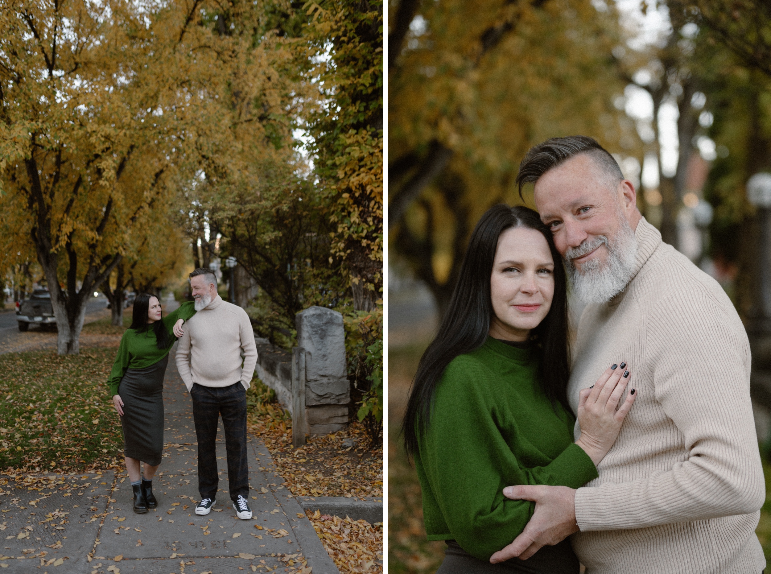 Two color photos side by side of a couple posing for their Durango engagement session in Downtown Durango, Colorado. Photo by Ashley Joyce.
