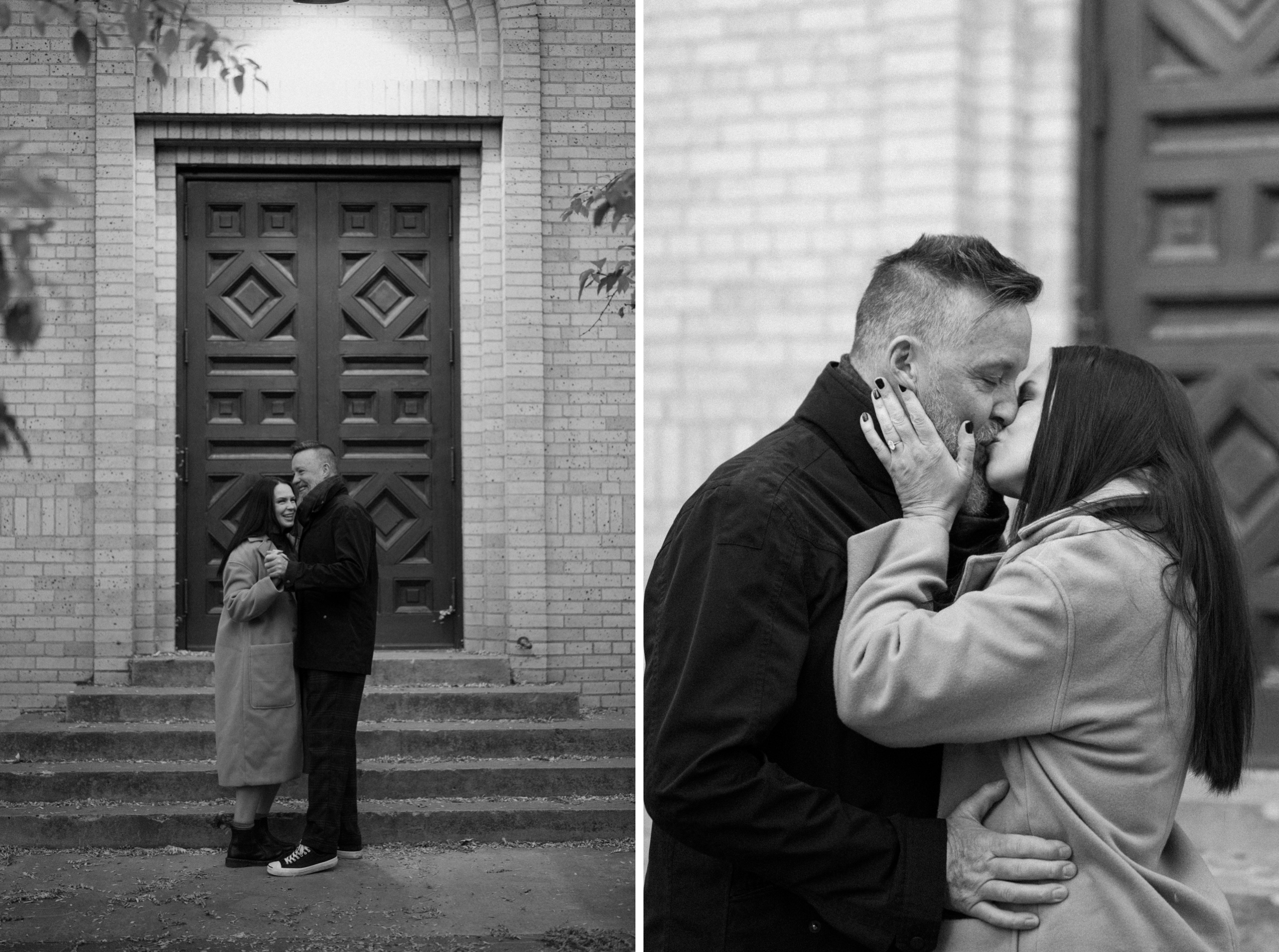 Two black and white photos side by side of a couple posing for their Durango engagement session in front of the Smiley Building in Downtown Durango, Colorado. Photo by Ashley Joyce.