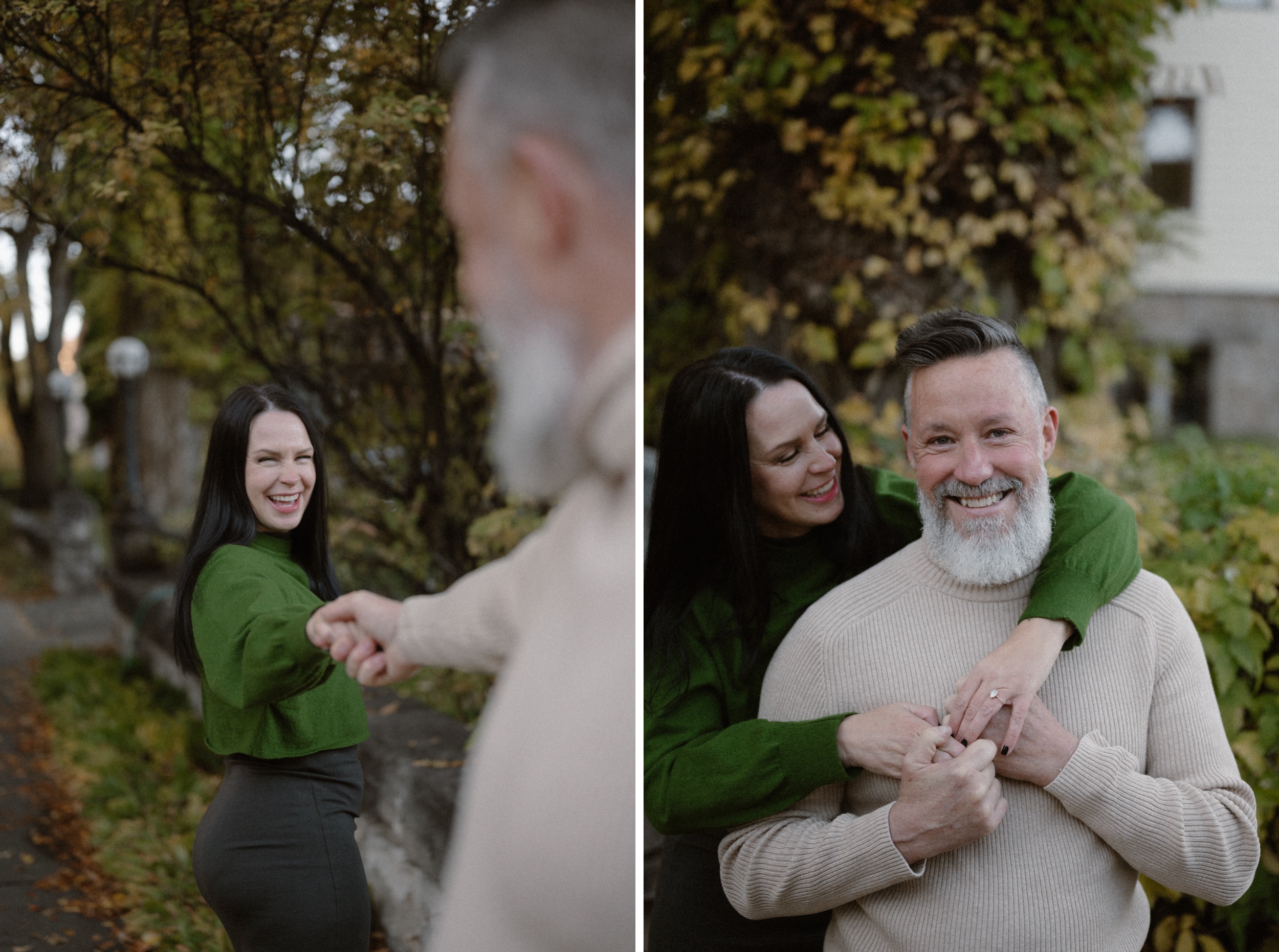 Two color photos side by side of a couple posing for their Durango engagement session in front of the Smiley Building in Downtown Durango, Colorado. Photo by Ashley Joyce.