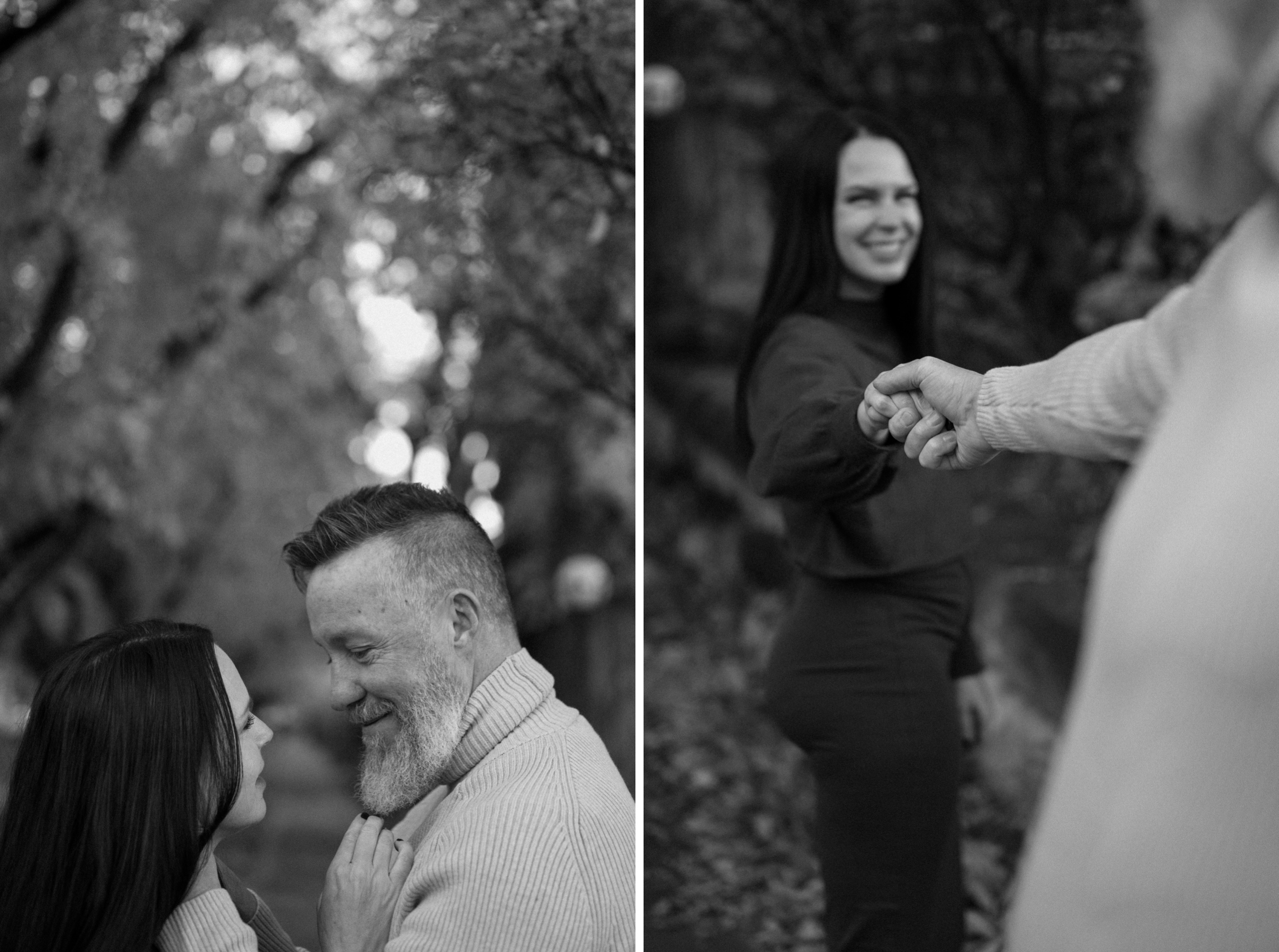 Two black and white photos side by side of a couple posing for their Durango Colorado engagement session in downtown Durango. Photo by Ashley Joyce.