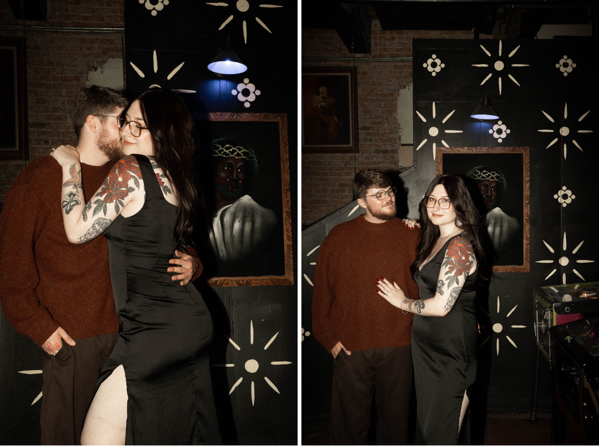 An engaged couple poses for their Albuquerque engagement photos in Sister Bar. Photo by Colorado wedding photographer Ashley Joyce.