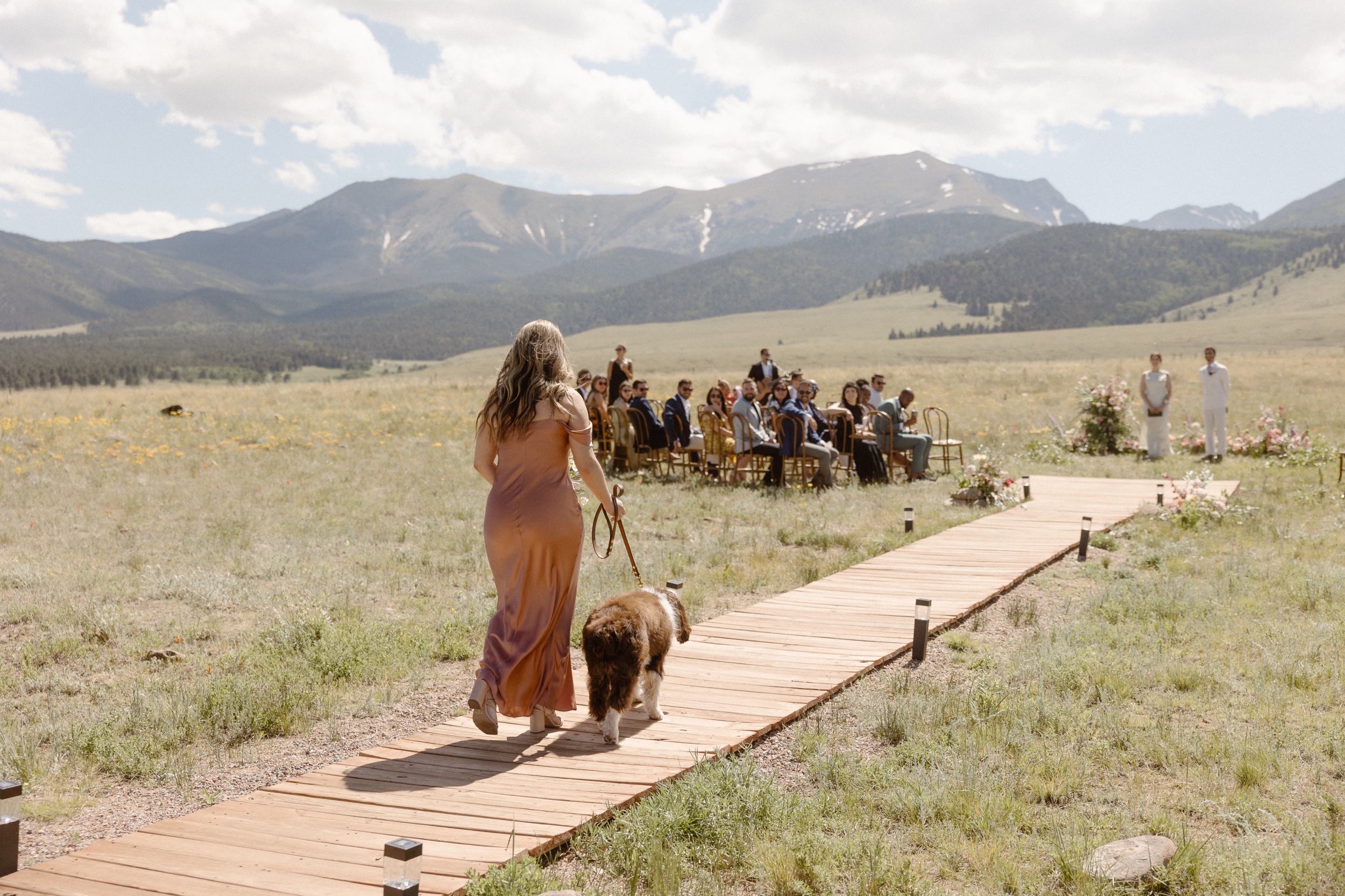 A bridesmaid walking a dog towards the wedding ceremony at Three Peaks Ranch. Photo by Colorado wedding photographer, Ashley Joyce
