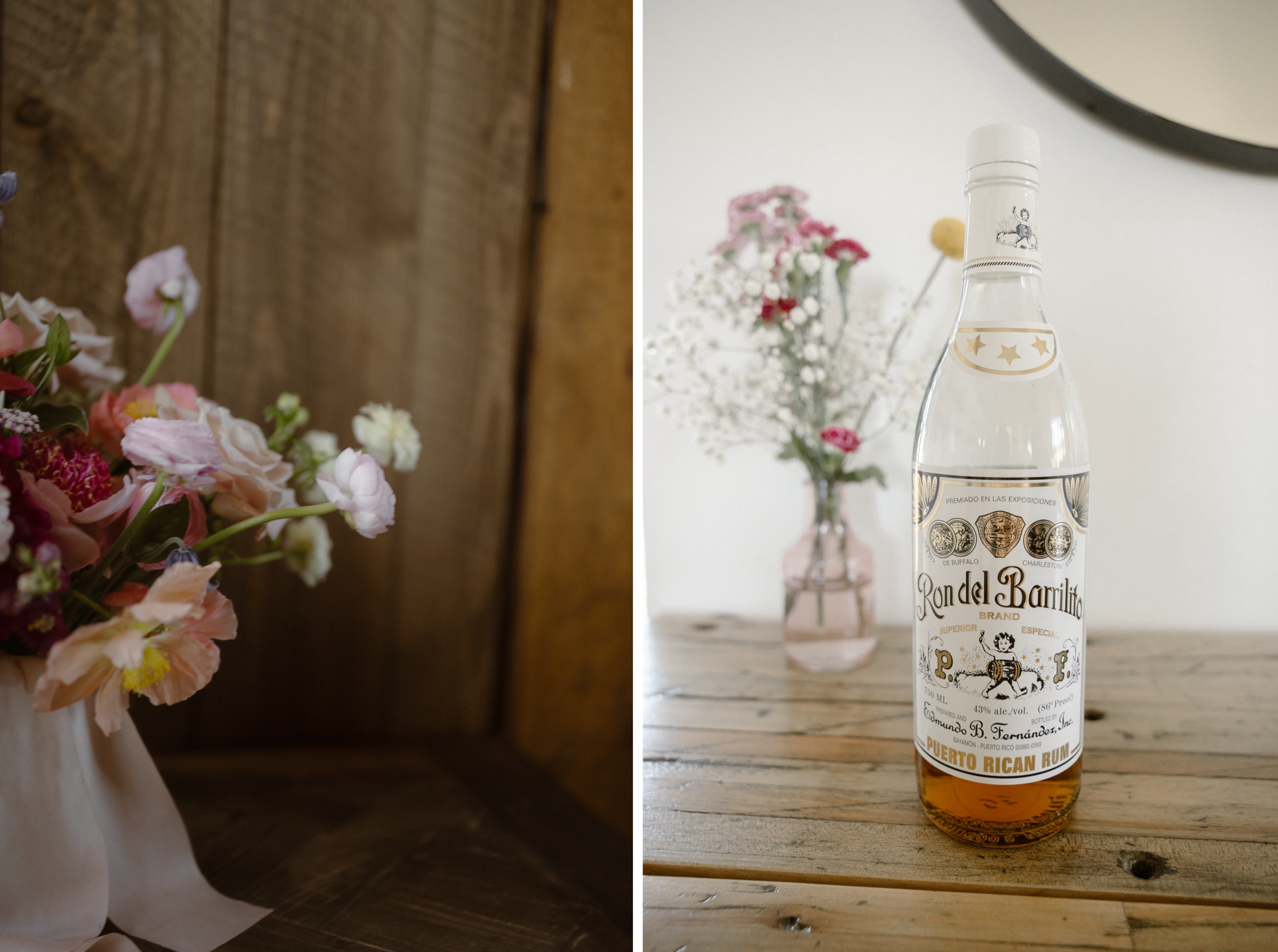 Two photos side by side showcasing a bottle of Puerto Rican rum and a wedding bouquet. Photo by Ashley Joyce.
