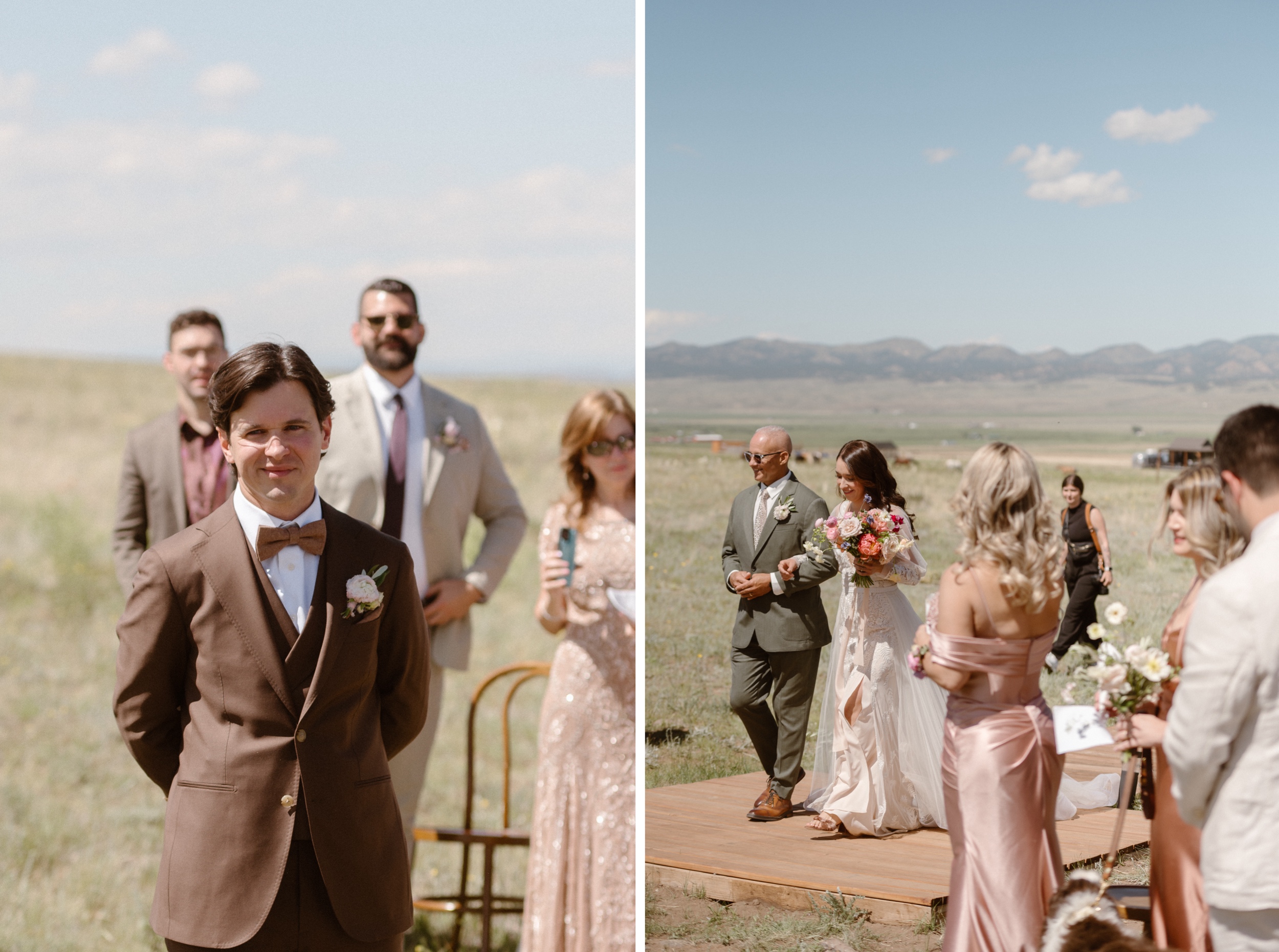 Two photos side by side of a groom waiting for his bride and the bride walking to her groom at the ceremony site at Three Peaks Ranch. Photo by Colorado wedding photographer Ashley Joyce.