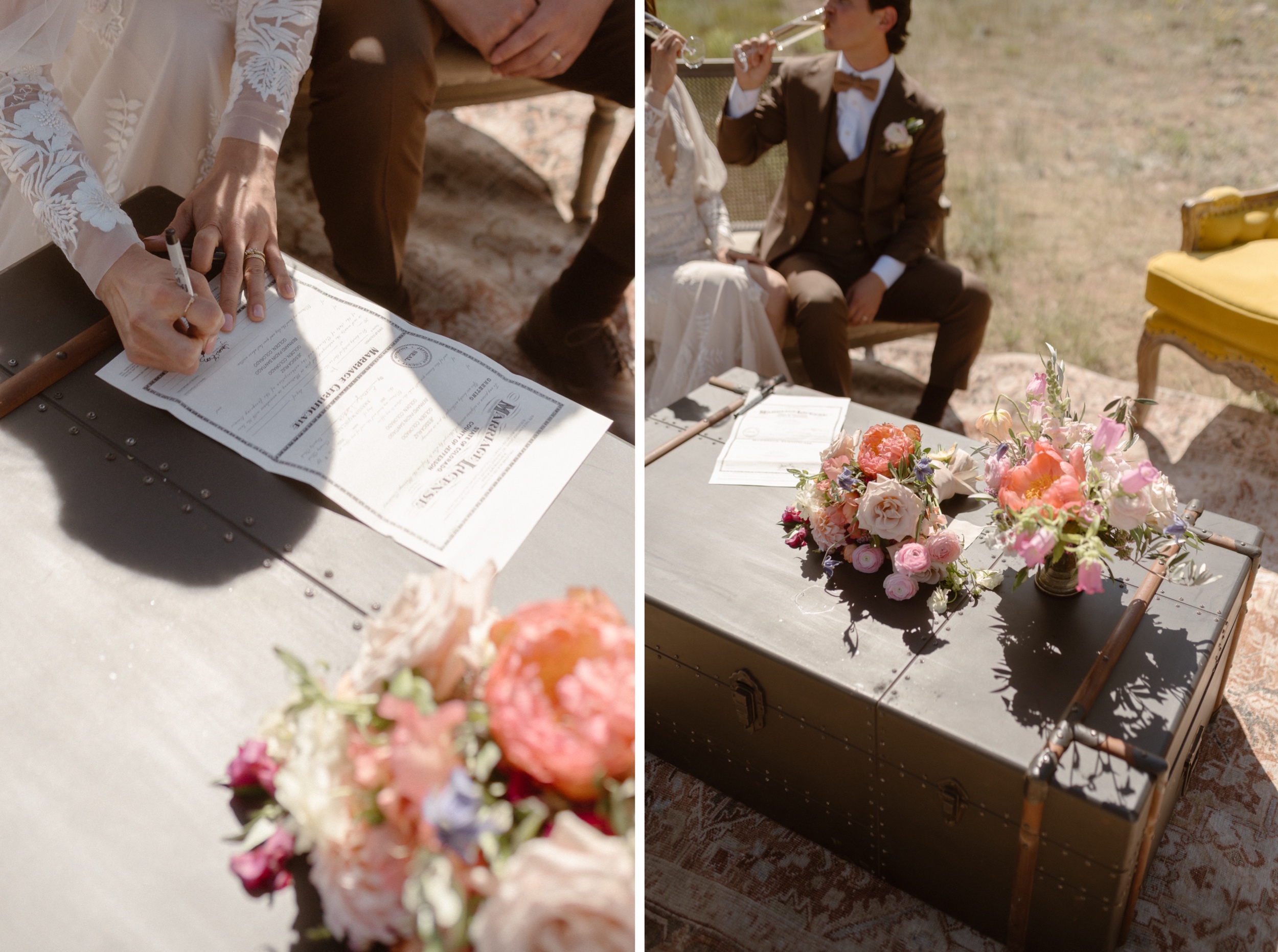Two photos side by side of a bride and groom signing their marriage license. Photo by Colorado wedding photographer Ashley Joyce.