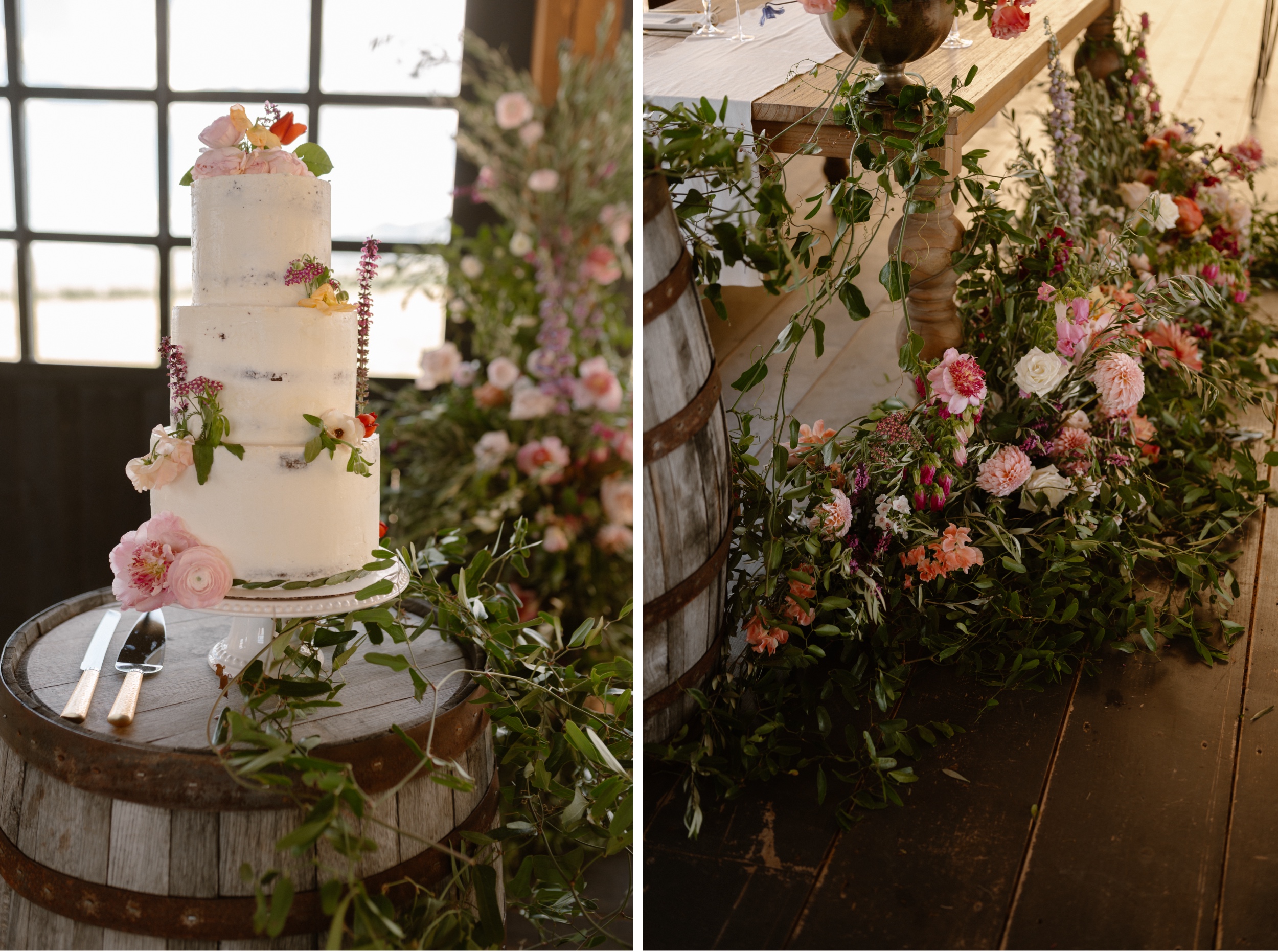Two color photos side by side showcasing a three tier wedding cake on the left and floral arrangements on the right. Photo by Ashley Joyce.
