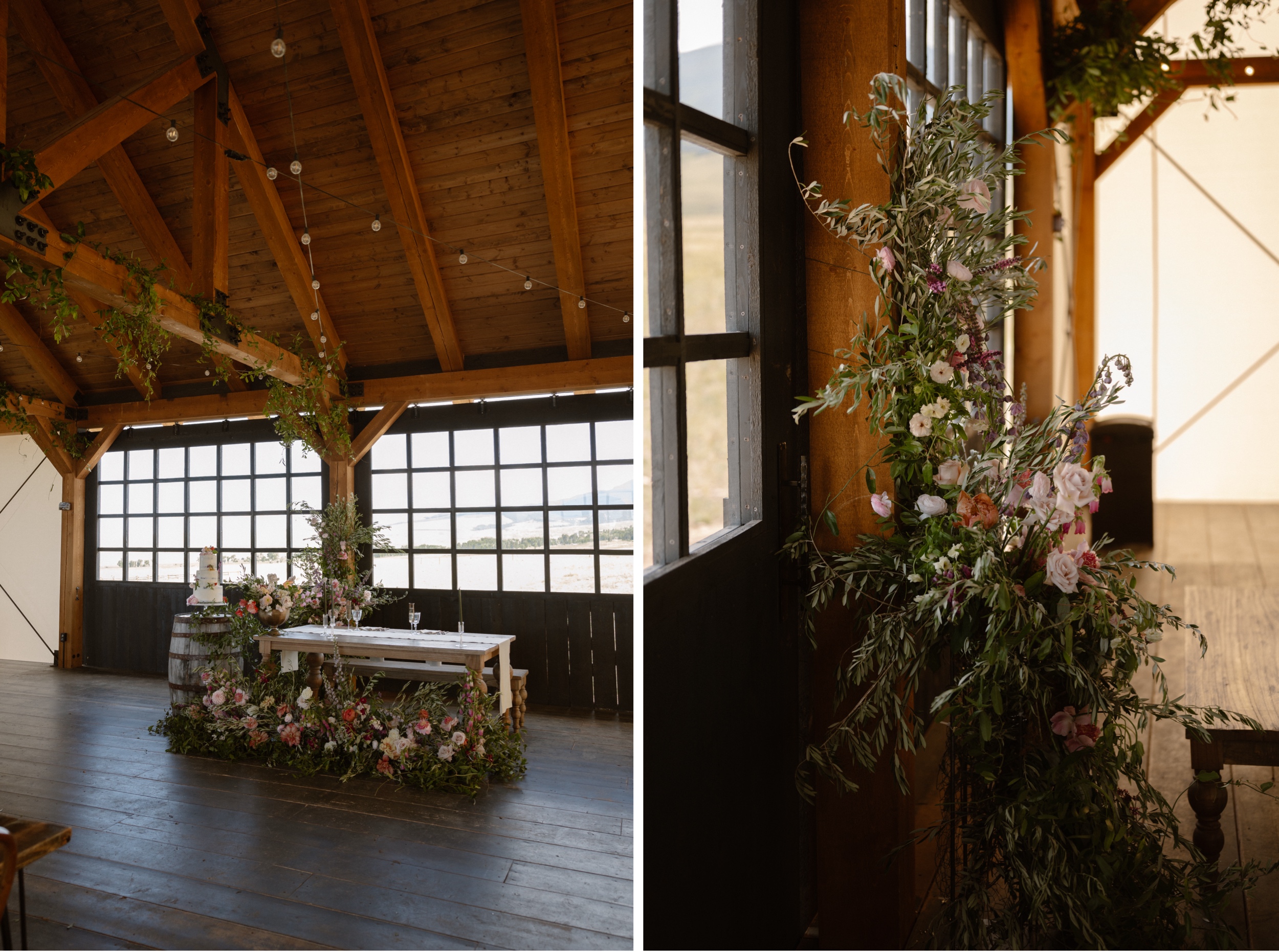 Two photos side by side showcasing wedding floral arrangements at the wedding reception space at Three Peaks Ranch. Photo by Ashley Joyce.