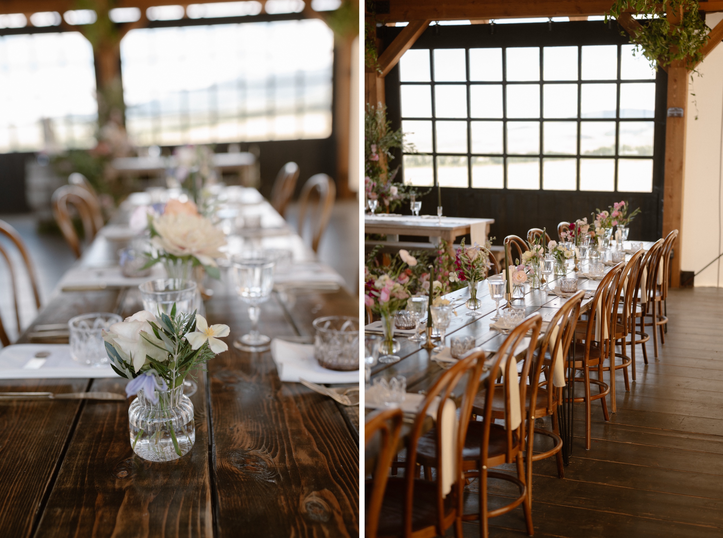 Two photos side by side of a reception table setup at Three Peaks Ranch. Photo by Ashley Joyce.