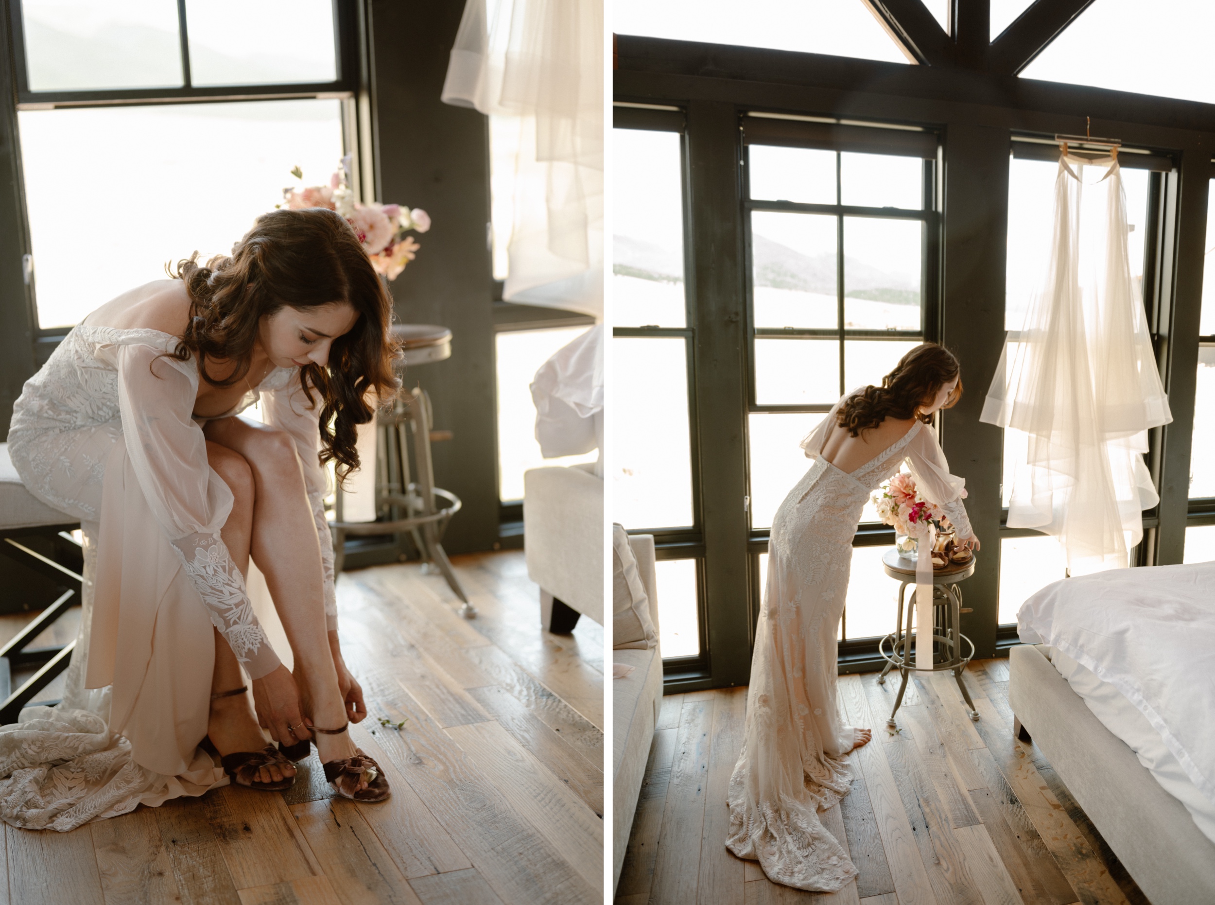 Two color photos side by side showcasing a bride getting her shoes and other accessories on for her wedding. Photo by Ashley Joyce.