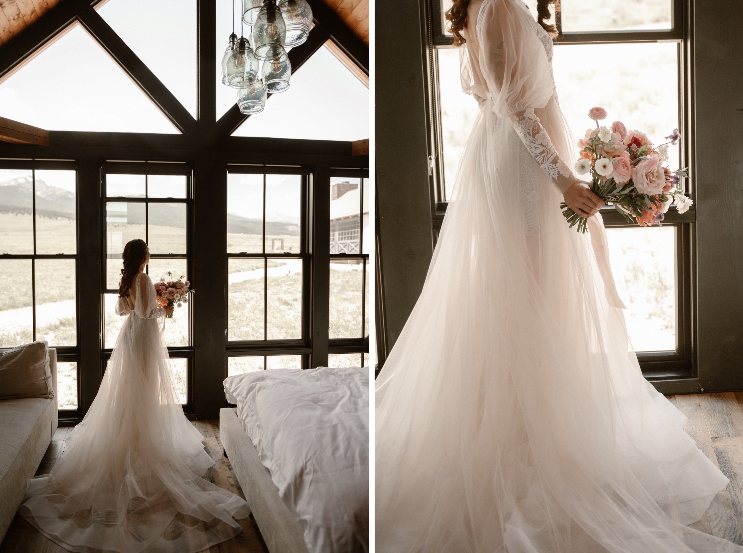 Two photos side by side of a bride standing in front of a window for her bridal portraits at Three Peaks Ranch. Photo by Colorado wedding photographer Ashley Joyce.