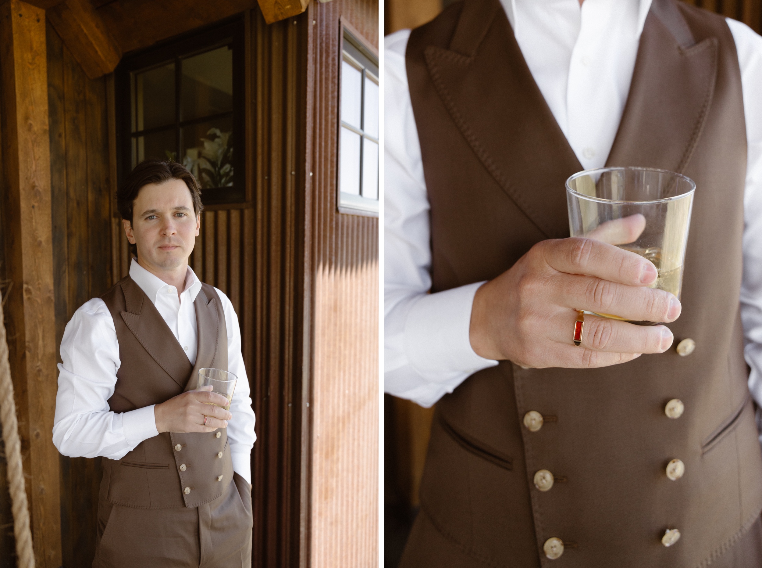 Two color photos side by side of a groom posing with his cup of rum for his groom portraits at Three Peaks Ranch. Photo by Colorado wedding photographer Ashley Joyce.