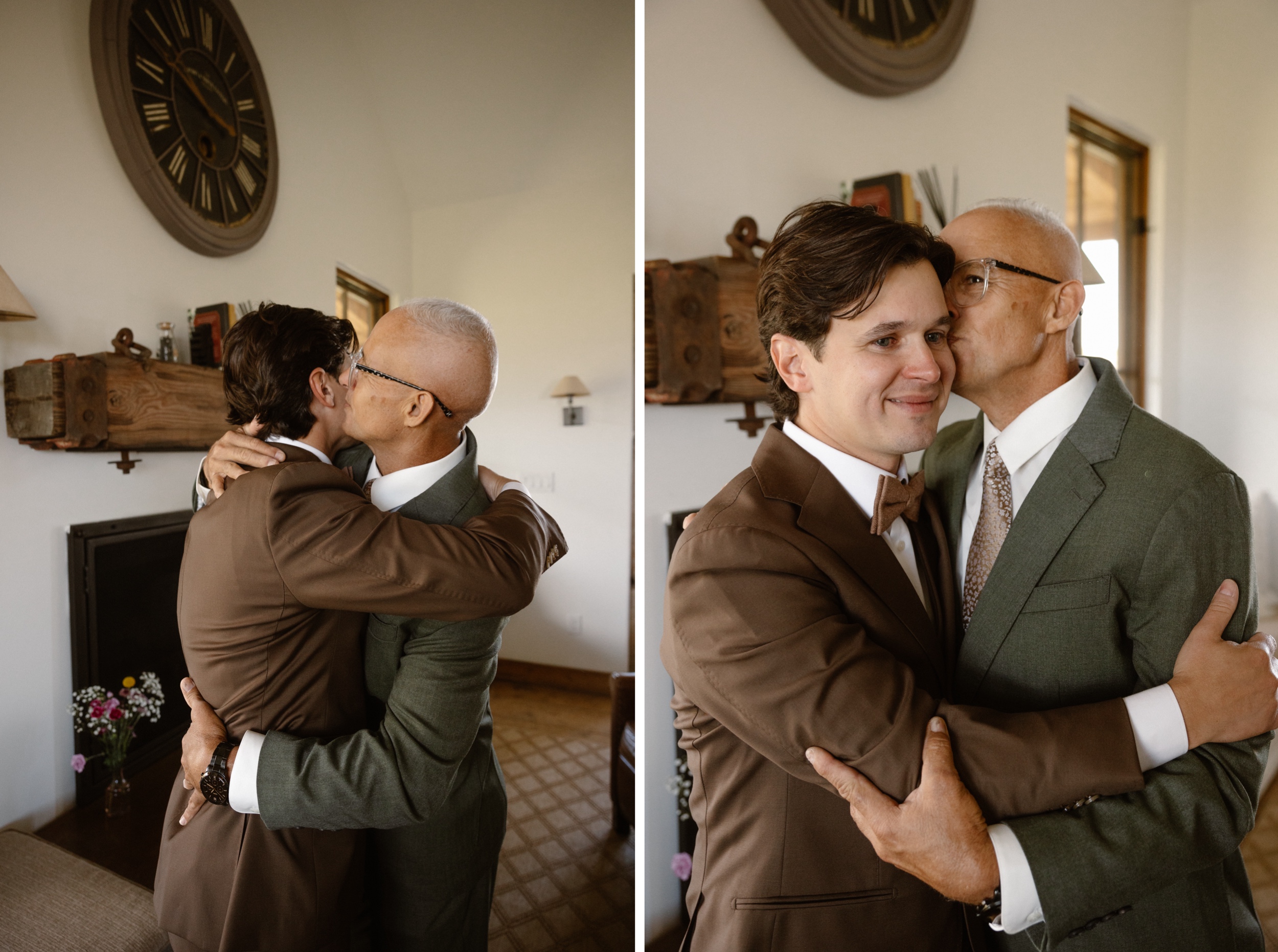 Two photos side by side of the groom's future father-in-law embracing at Three Peaks Ranch. Photo by Colorado wedding photographer Ashley Joyce.