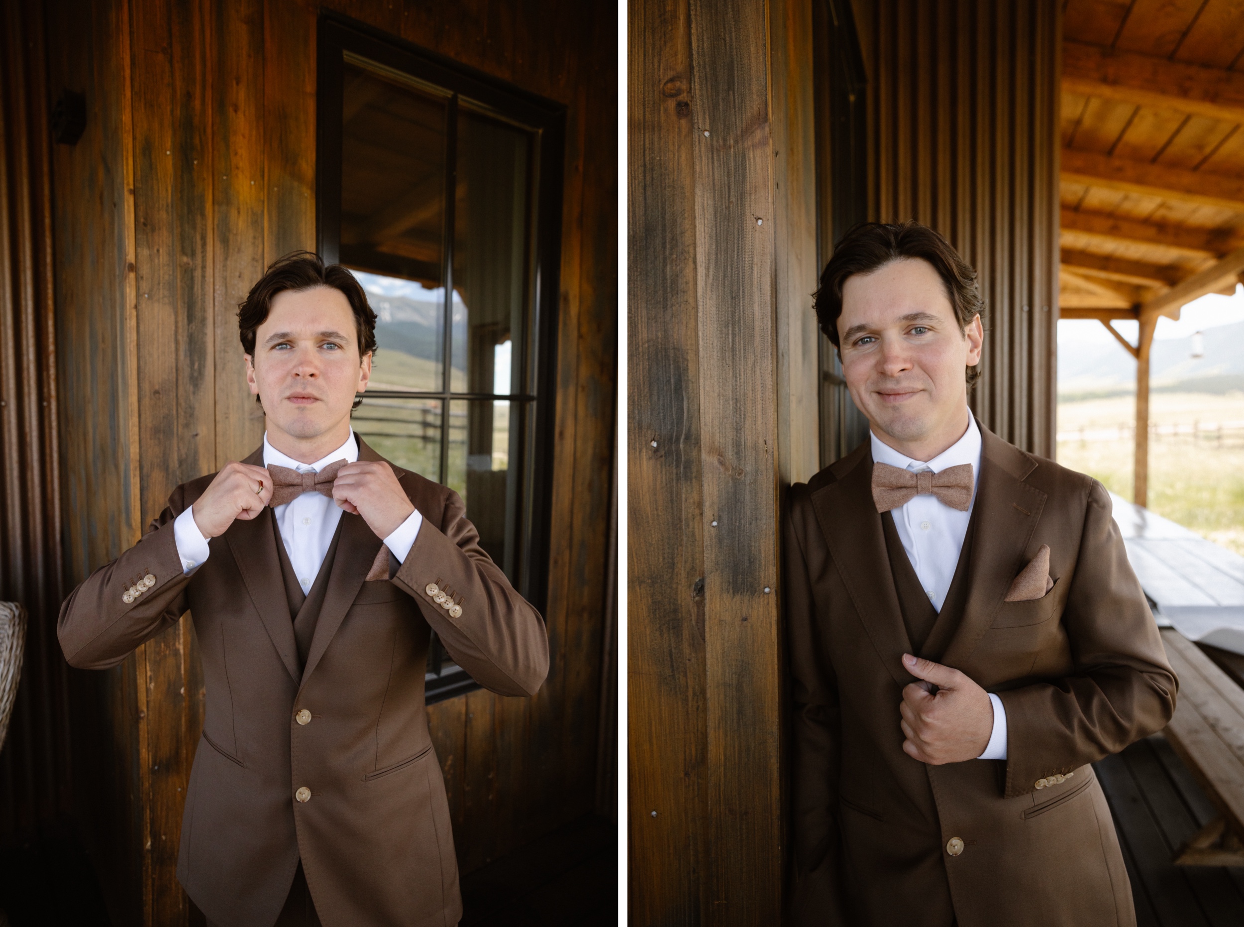 Two photos side by side showcasing a groom posing for his groom portraits on the patio at Three Peaks Ranch. Photo by Colorado wedding photographer Ashley Joyce.