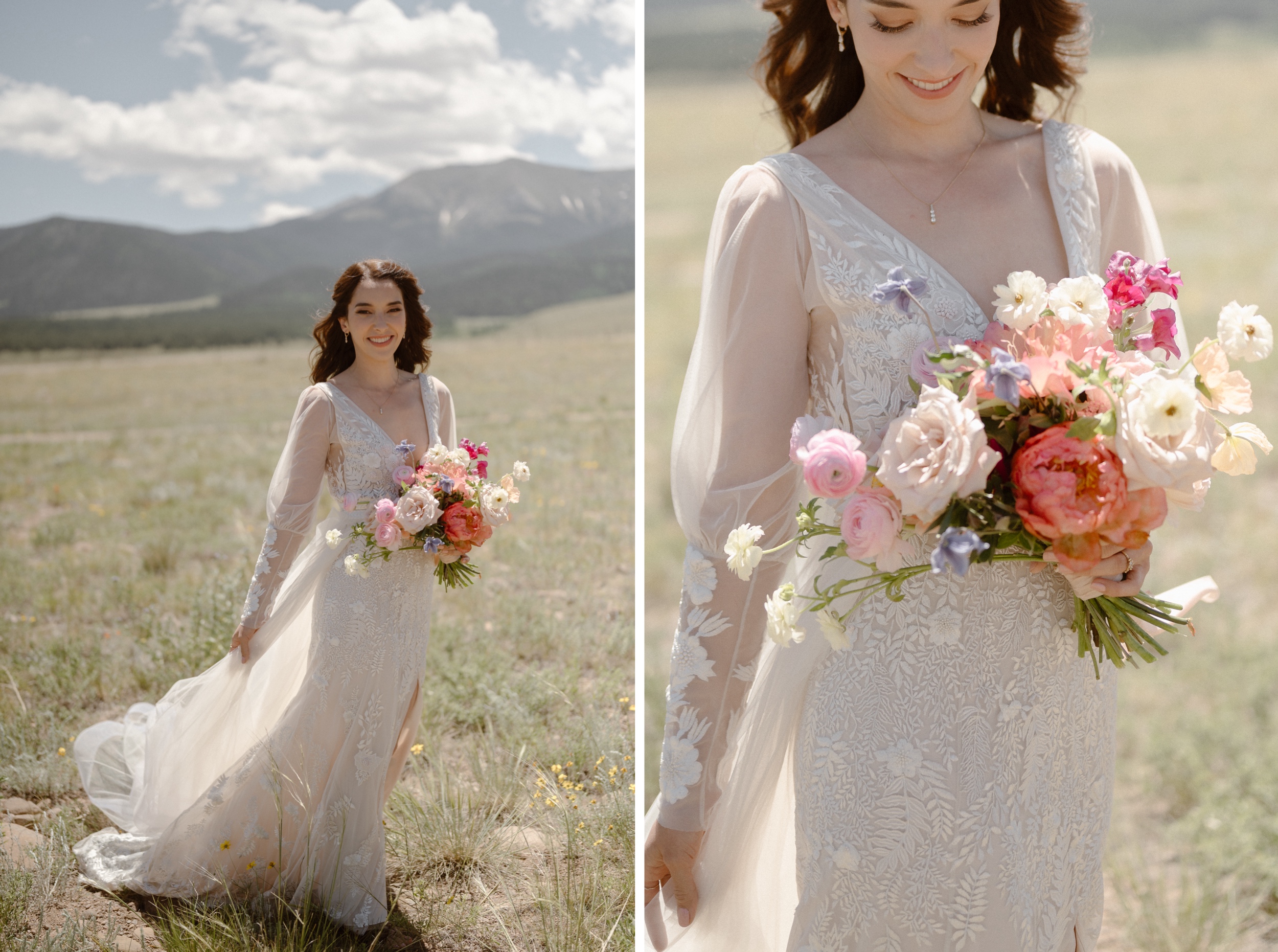 Two photos side-by-side of a bride standing in a grassy field with mountains in the background at Three Peaks Ranch. Photo by Colorado wedding photographer Ashley Joyce.