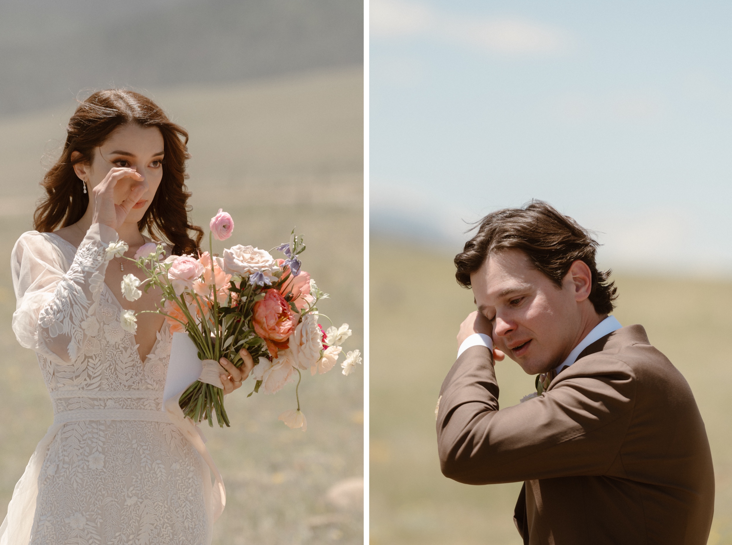 Two photos side-by-side of a bride on the left and a groom on the right as they both wipe away their tears. Photo by Colorado wedding photographer Ashley Joyce.