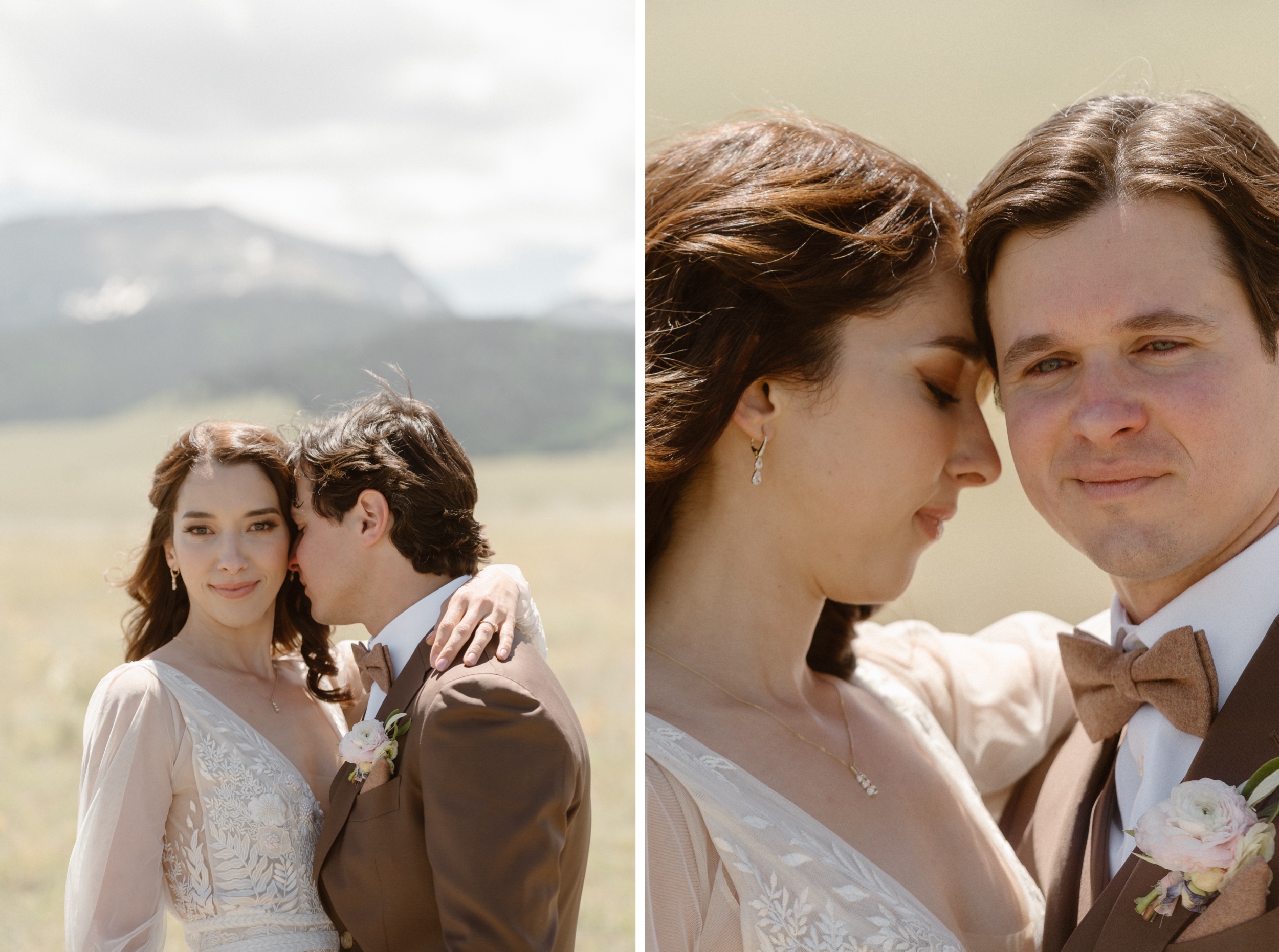 Two photos side by side of a couple embracing one another and facing the camera as they pose for their couples portraits at Three Peaks Ranch. Photo by Colorado wedding photographer Ashley Joyce.