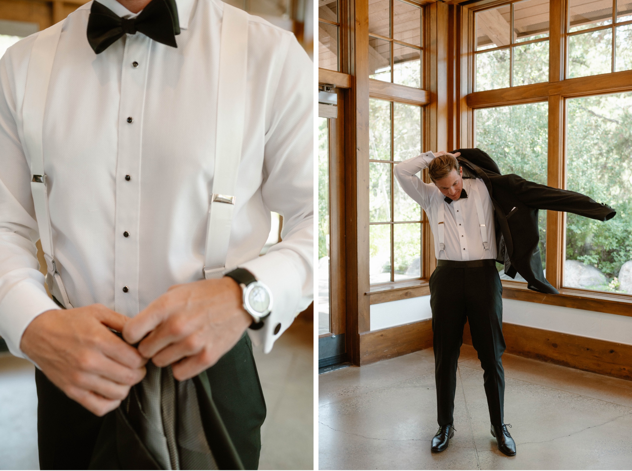 A groom getting ready for his wedding at Donovan Pavilion in Vail, Colorado. Photo by Colorado wedding photographer, Ashley Joyce.